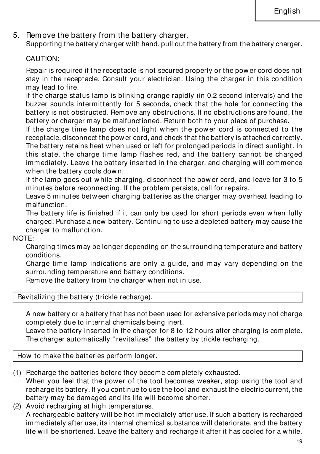 Hitachi CR 18DMR instruction manual Remove the battery from the battery charger, Revitalizing the battery trickle recharge 