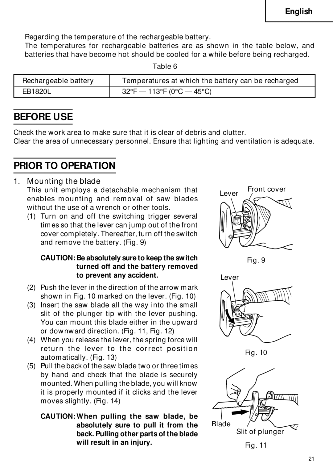 Hitachi CR 18DMR instruction manual Before USE, Prior to Operation, Mounting the blade 