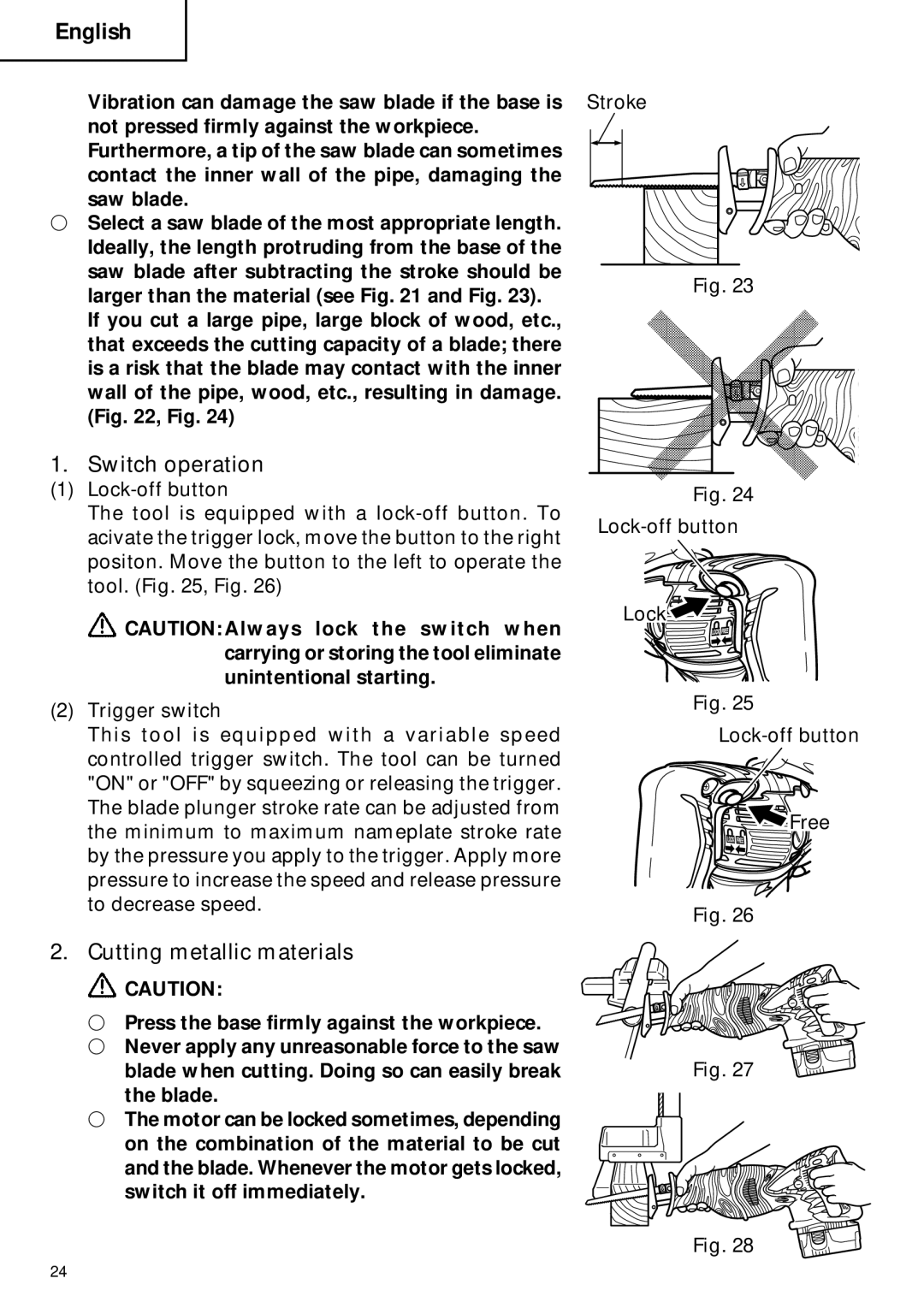 Hitachi CR 18DMR instruction manual Switch operation, Cutting metallic materials 