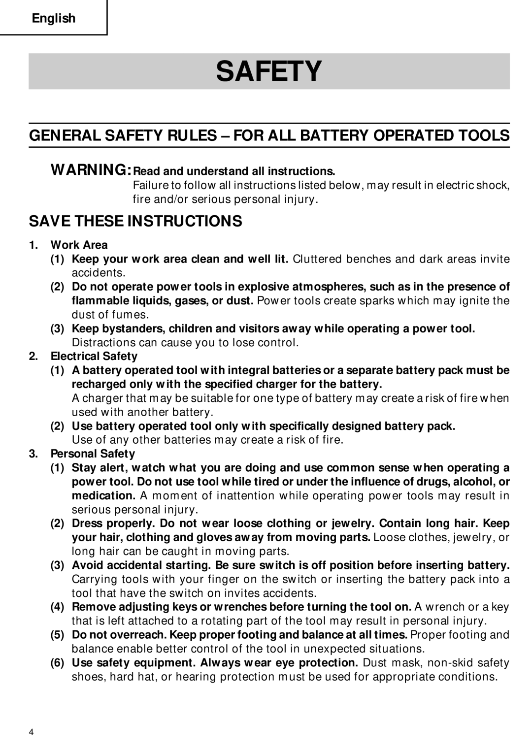 Hitachi CR 18DMR instruction manual General Safety Rules for ALL Battery Operated Tools 