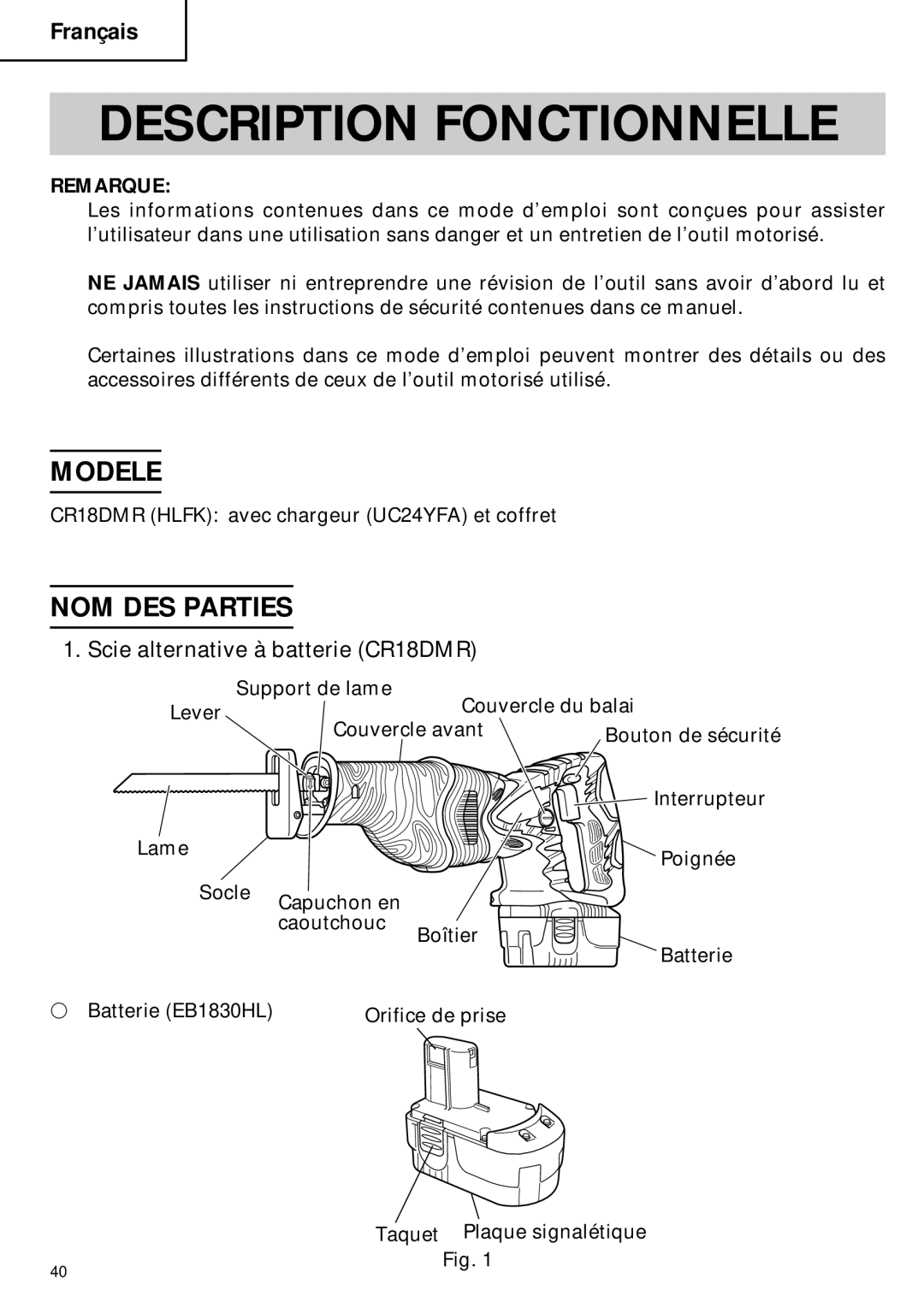 Hitachi CR 18DMR Description Fonctionnelle, Modele, NOM DES Parties, Scie alternative à batterie CR18DMR, Remarque 