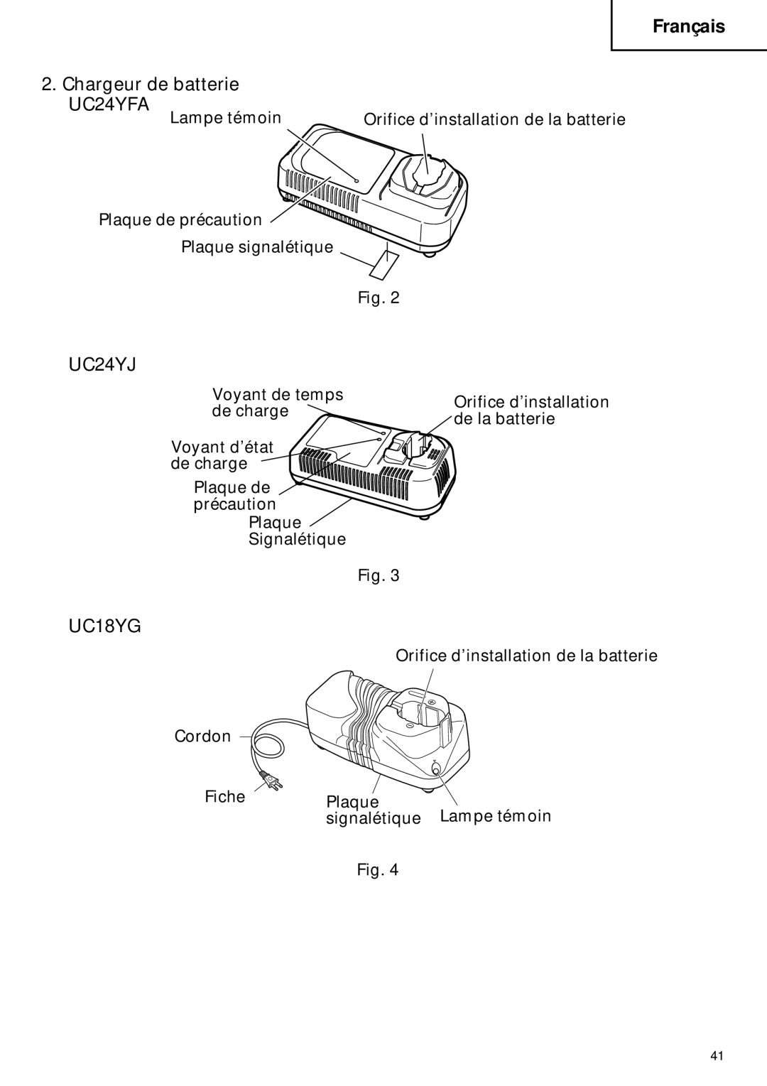 Hitachi CR 18DMR instruction manual Chargeur de batterie 〈UC24YFA〉, 〈UC24YJ〉 