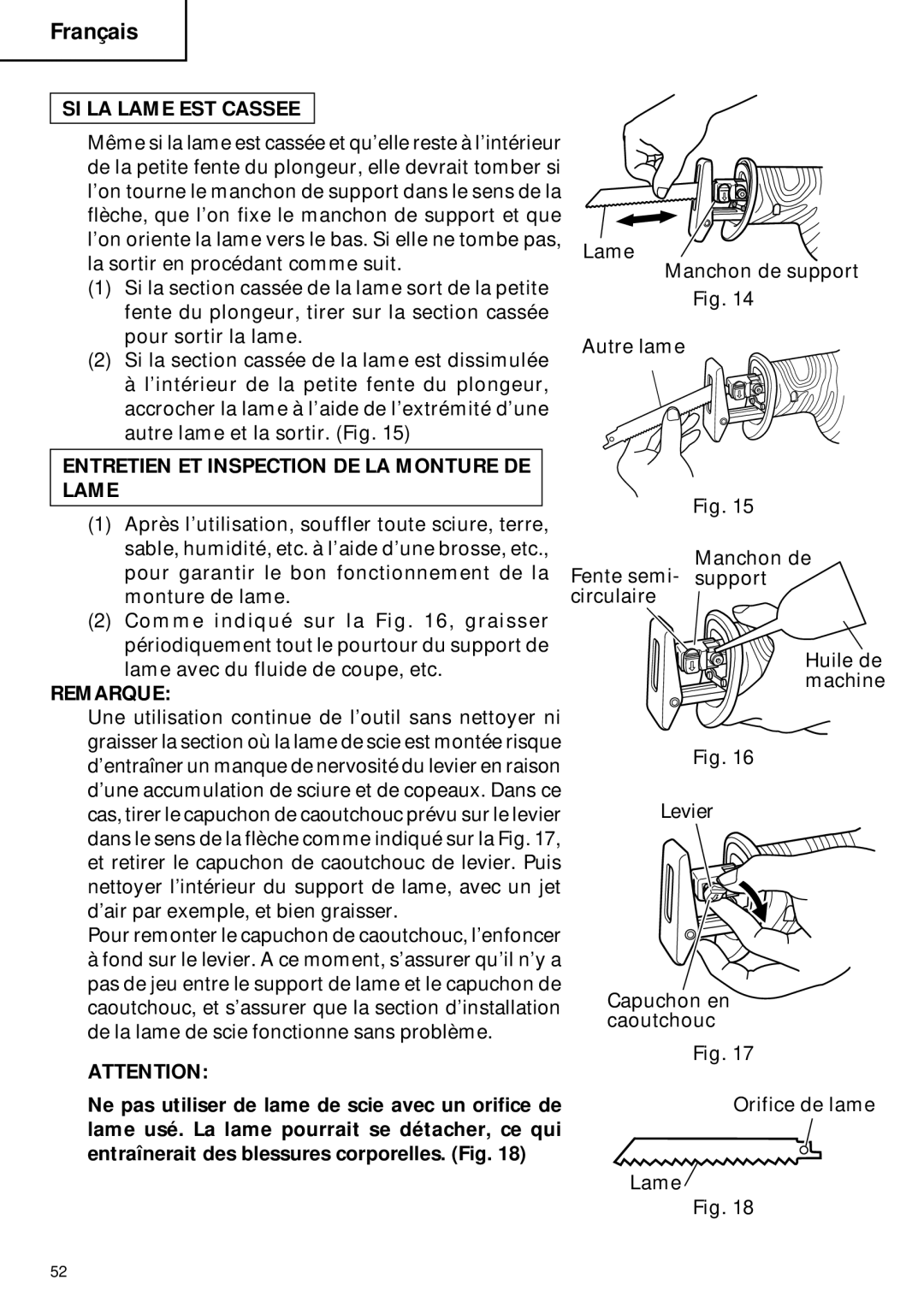 Hitachi CR 18DMR instruction manual SI LA Lame EST Cassee, Entretien ET Inspection DE LA Monture DE Lame 