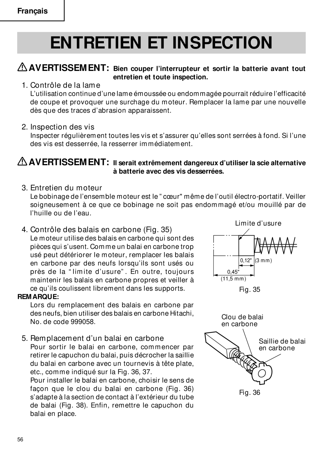 Hitachi CR 18DMR instruction manual Entretien ET Inspection 