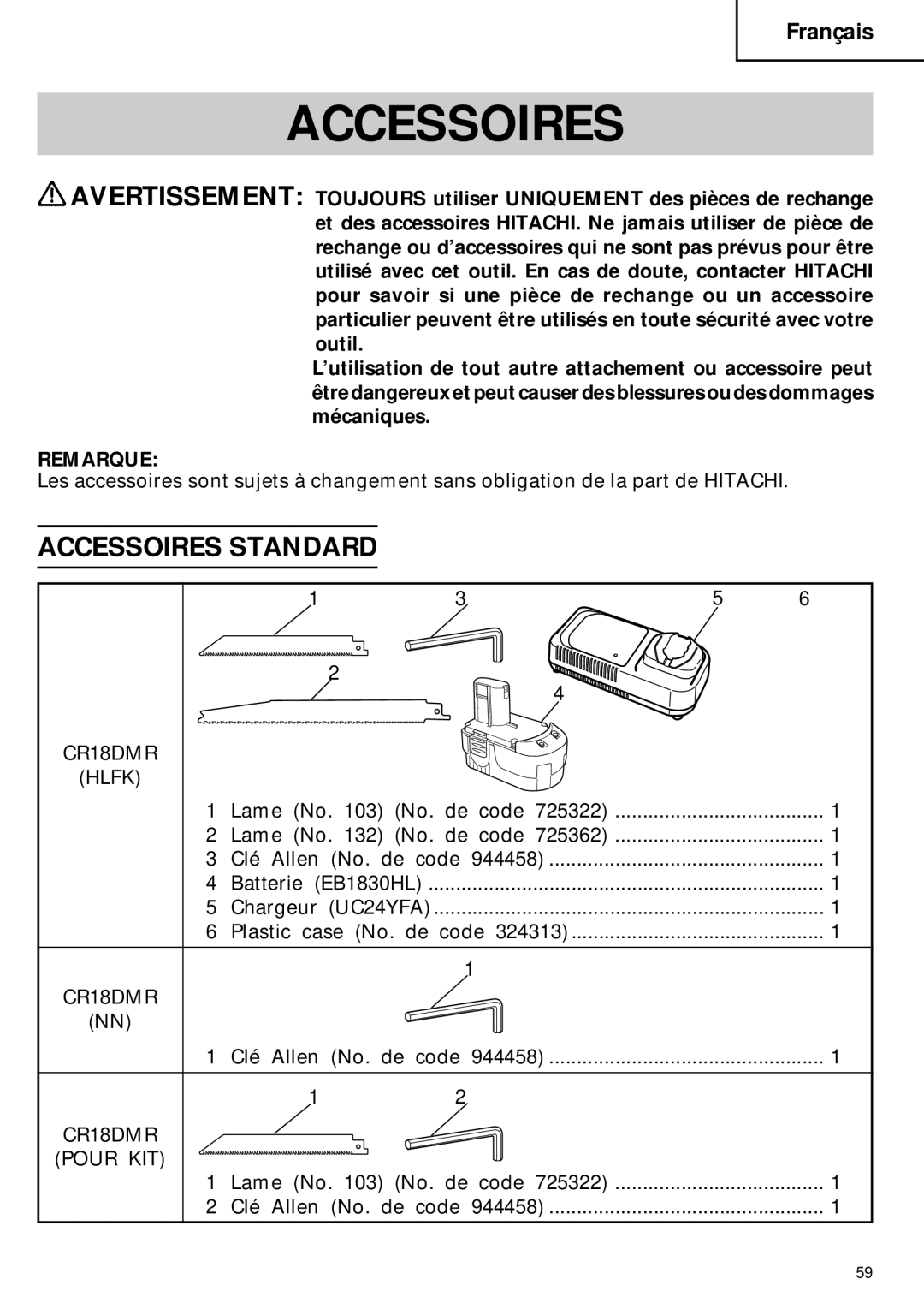 Hitachi CR 18DMR instruction manual Accessoires Standard 