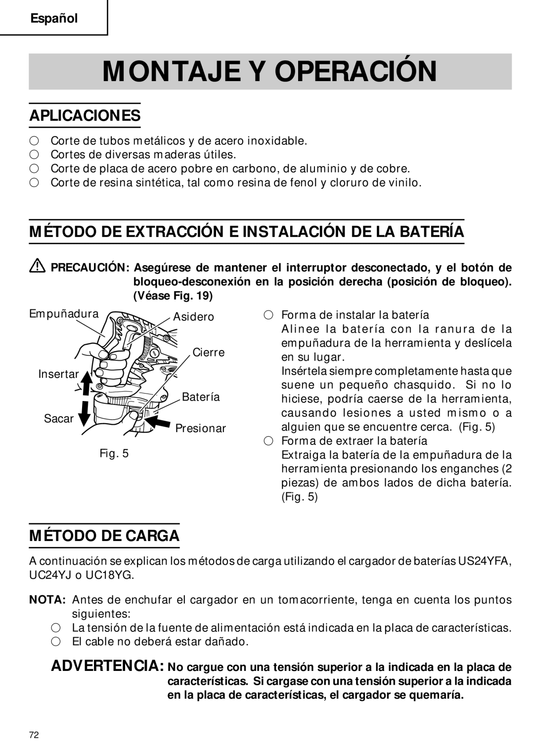 Hitachi CR 18DMR Montaje Y Operación, Aplicaciones, Método DE Extracción E Instalación DE LA Batería, Método DE Carga 