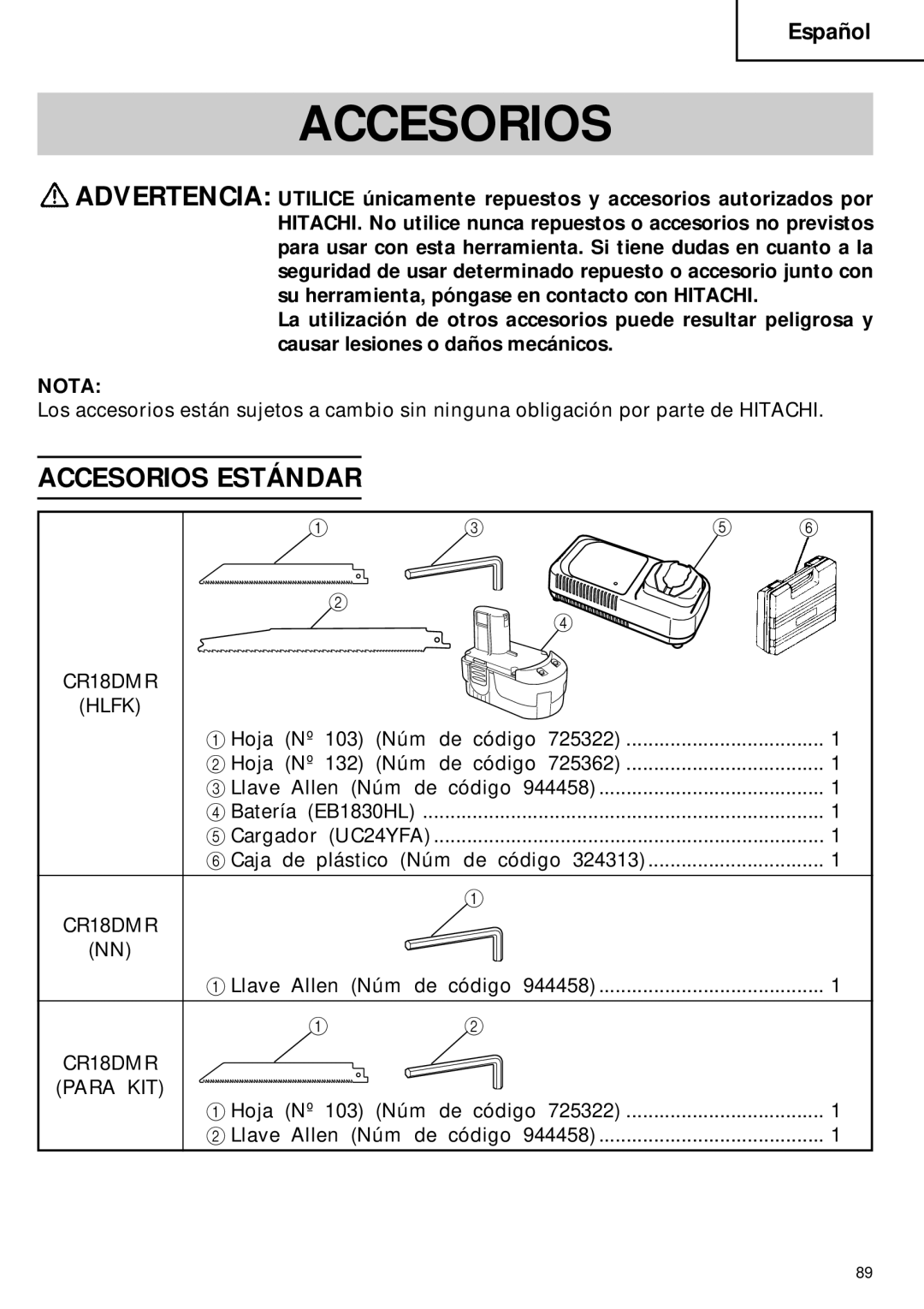 Hitachi CR 18DMR instruction manual Accesorios Estándar 