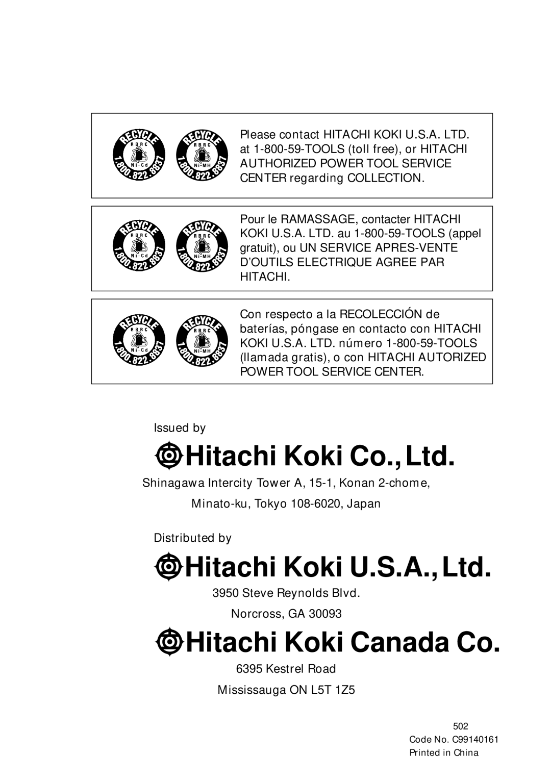 Hitachi CR 18DMR instruction manual Hitachi Koki Canada Co 