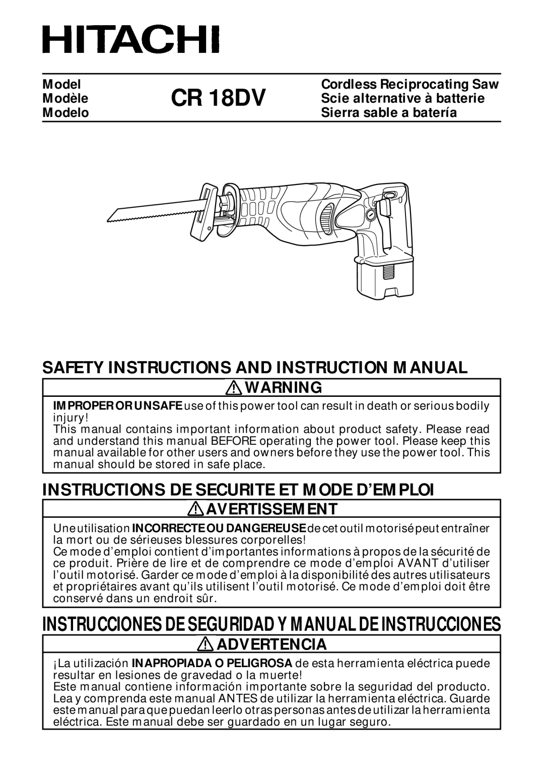 Hitachi CR 18DV instruction manual Avertissement 