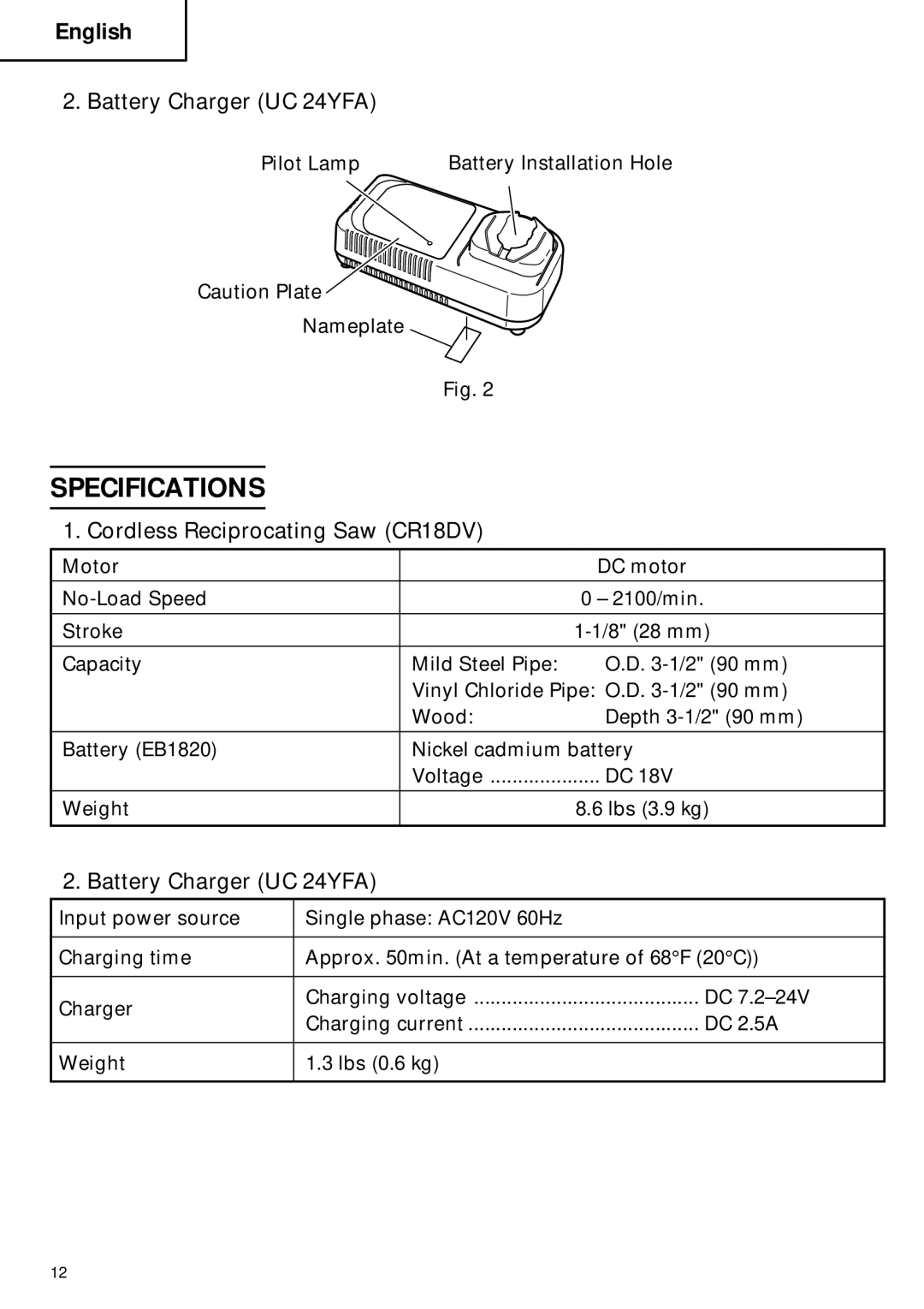 Hitachi CR 18DV instruction manual Specifications, Battery Charger UC 24YFA 