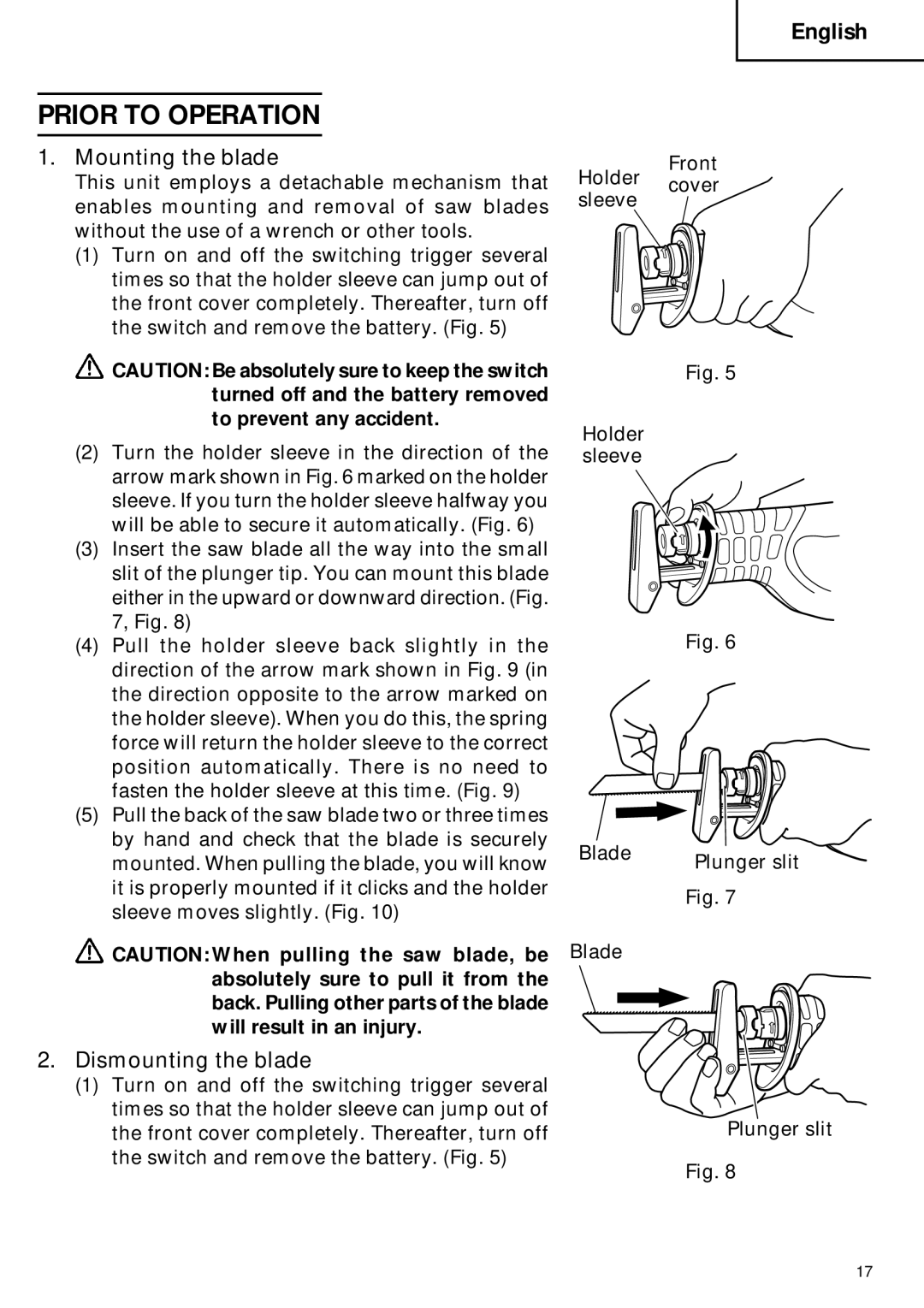 Hitachi CR 18DV instruction manual Prior to Operation, Mounting the blade, Dismounting the blade 