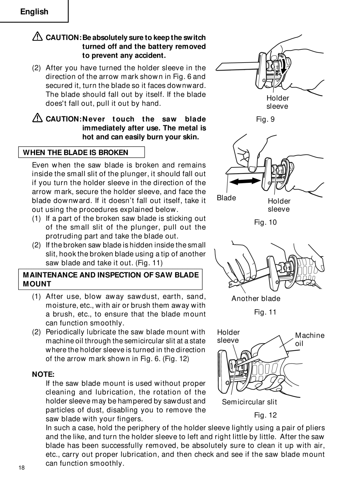 Hitachi CR 18DV instruction manual When the Blade is Broken, Maintenance and Inspection of SAW Blade Mount 