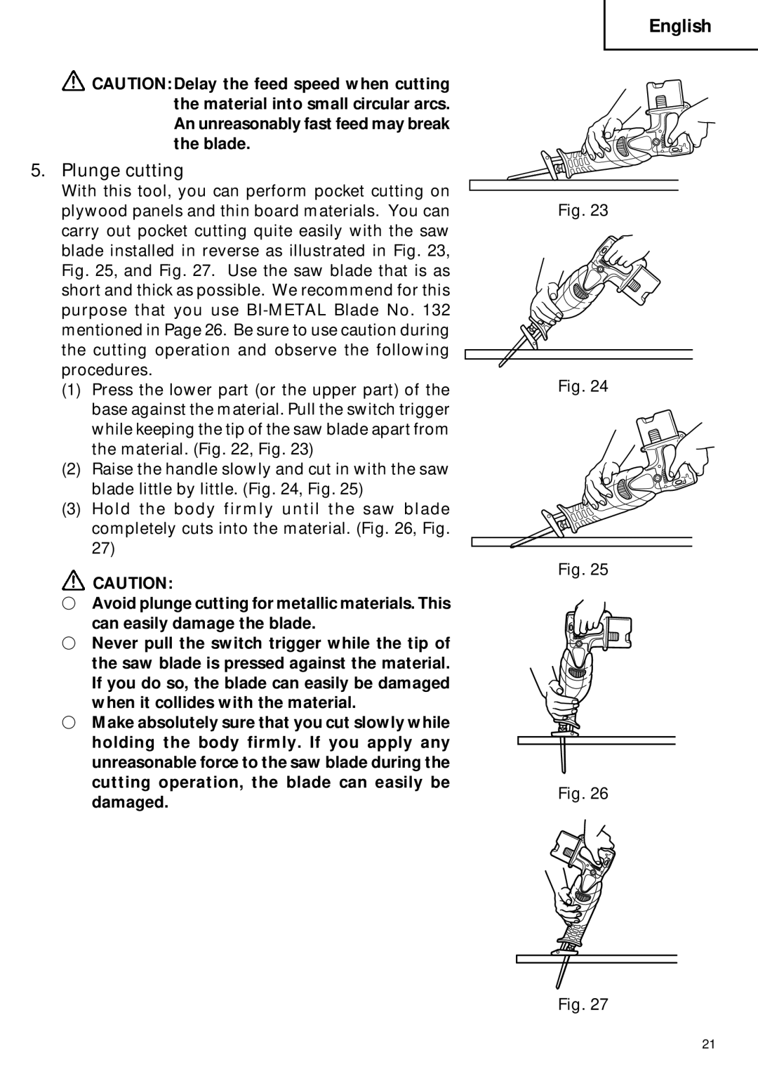 Hitachi CR 18DV instruction manual Plunge cutting 