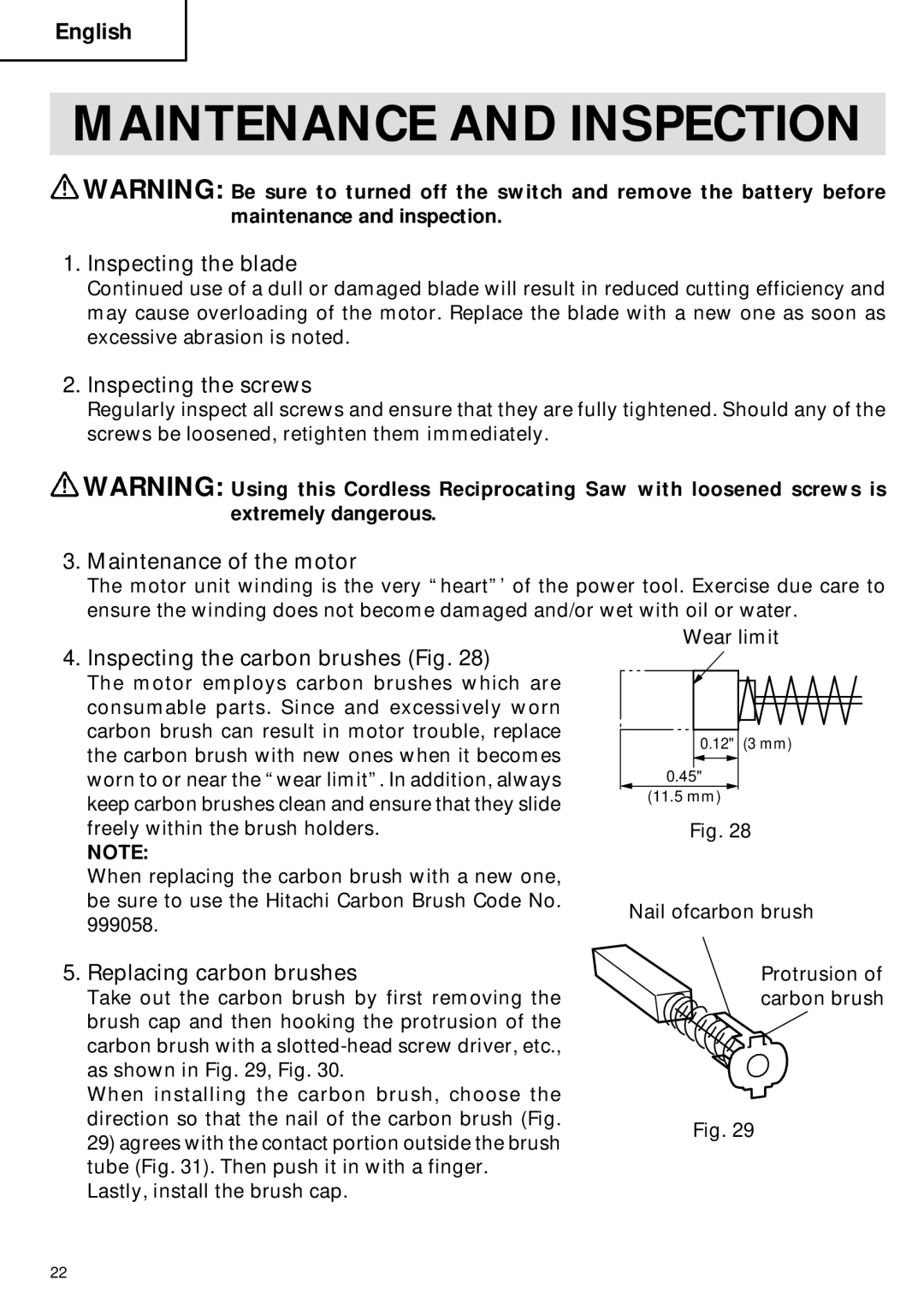 Hitachi CR 18DV instruction manual Maintenance and Inspection 