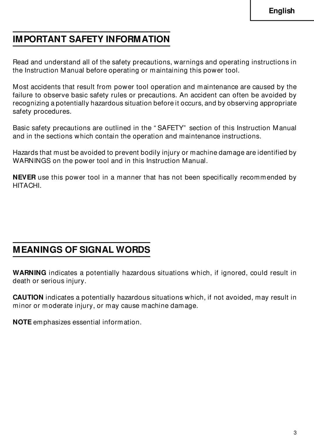 Hitachi CR 18DV instruction manual Important Safety Information, Meanings of Signal Words 