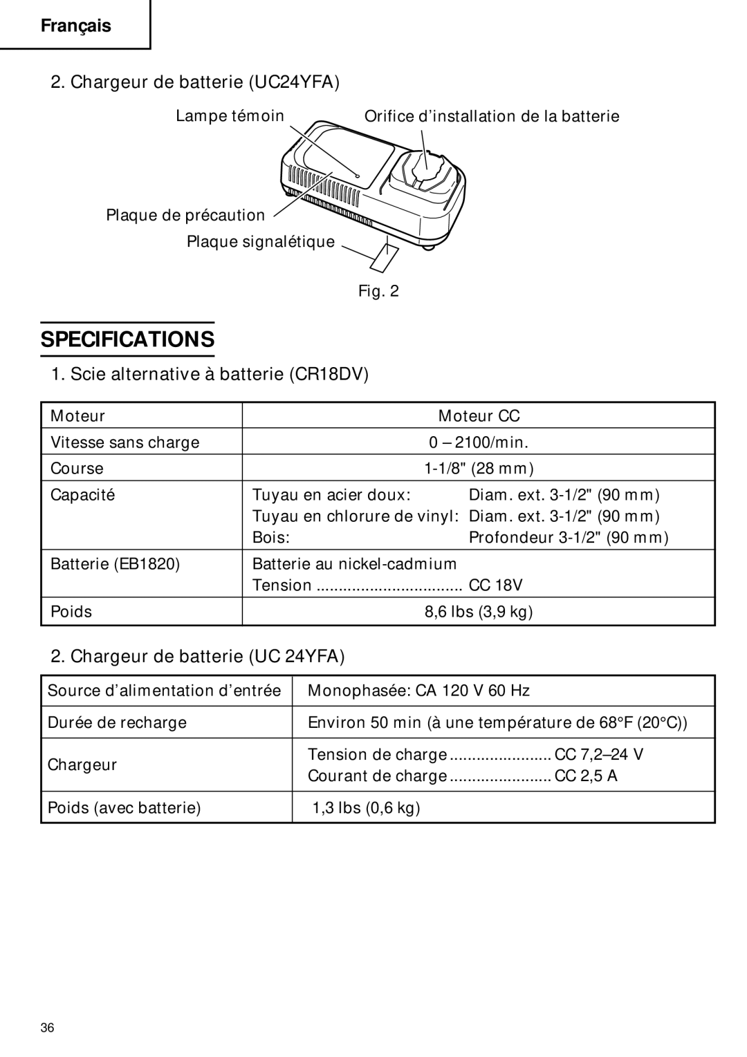 Hitachi CR 18DV instruction manual Chargeur de batterie UC24YFA, Chargeur de batterie UC 24YFA 