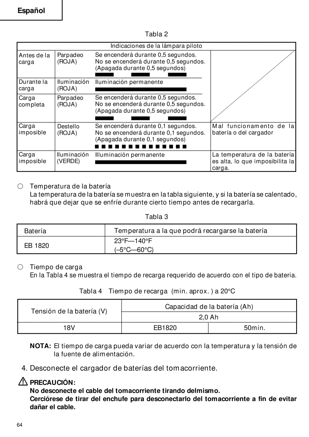 Hitachi CR 18DV instruction manual Desconecte el cargador de baterías del tomacorriente, Precaución 