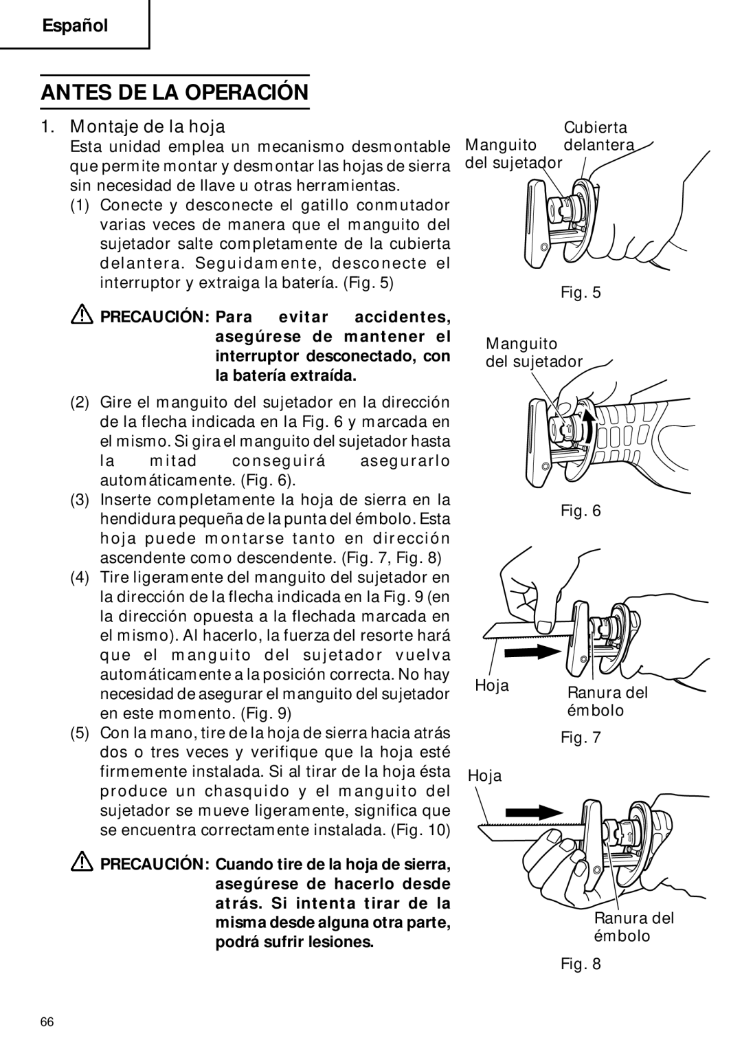 Hitachi CR 18DV instruction manual Antes DE LA Operación, Montaje de la hoja 