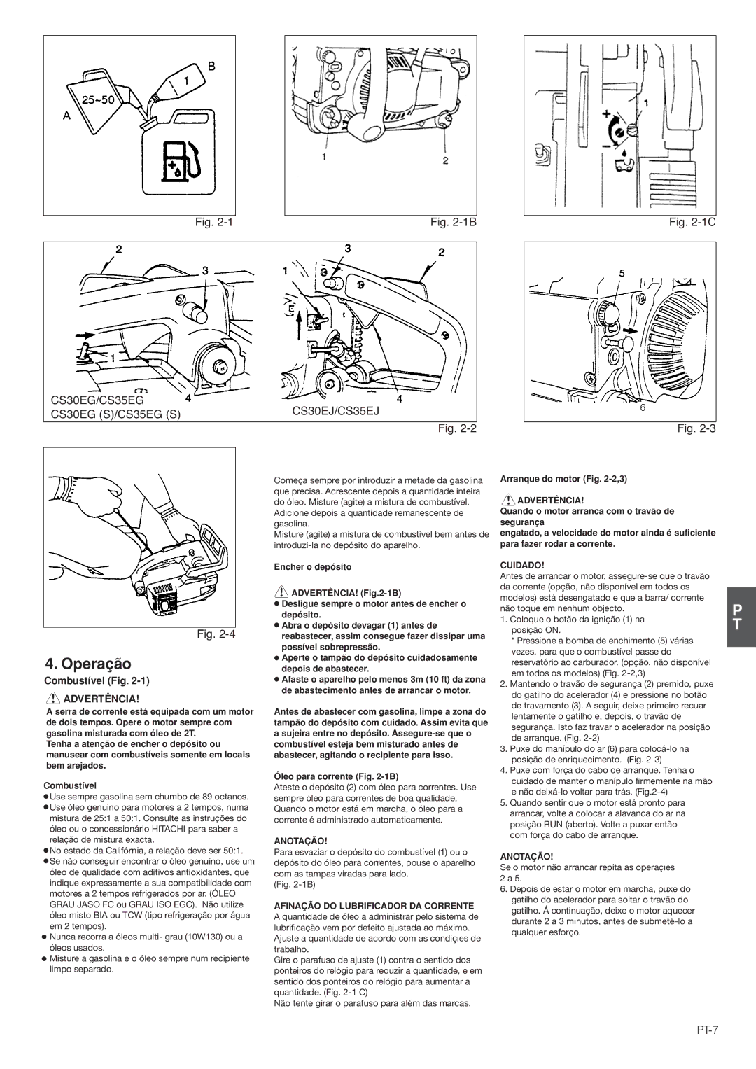 Hitachi CS35EJ, CS35EG (S), CS30EG (S), CS30EJ manual Operação, PT-7, Combustível Fig, Advertência 