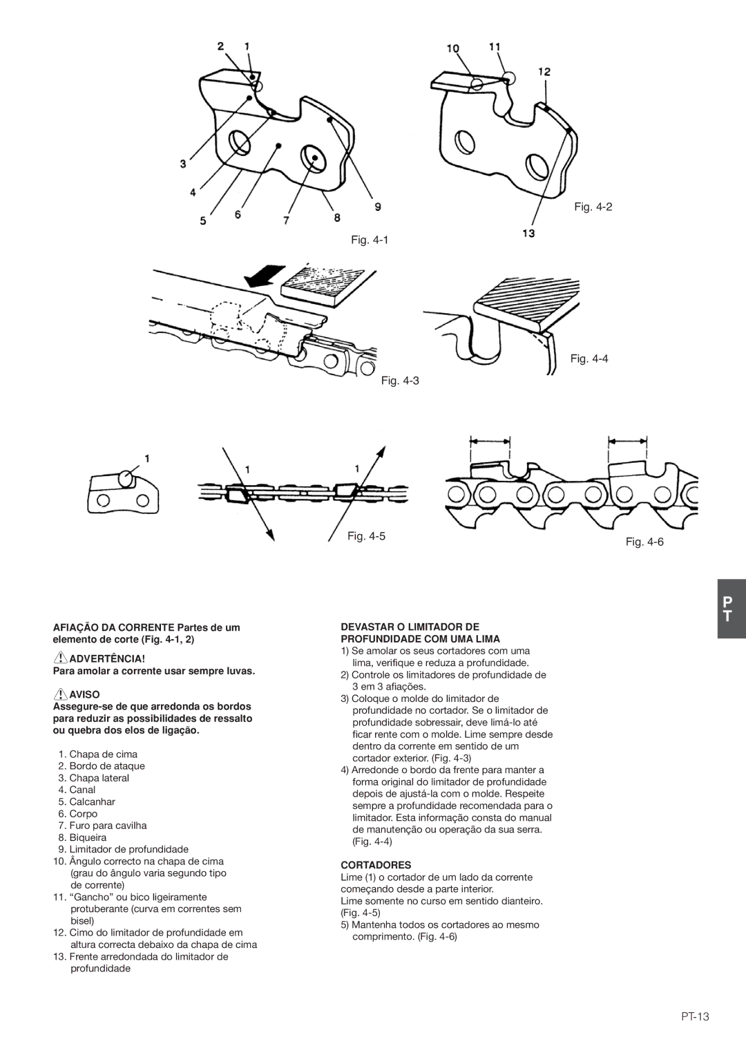 Hitachi CS35EJ, CS35EG (S), CS30EG (S) manual PT-13, Aviso, Devastar O Limitador DE Profundidade COM UMA Lima, Cortadores 