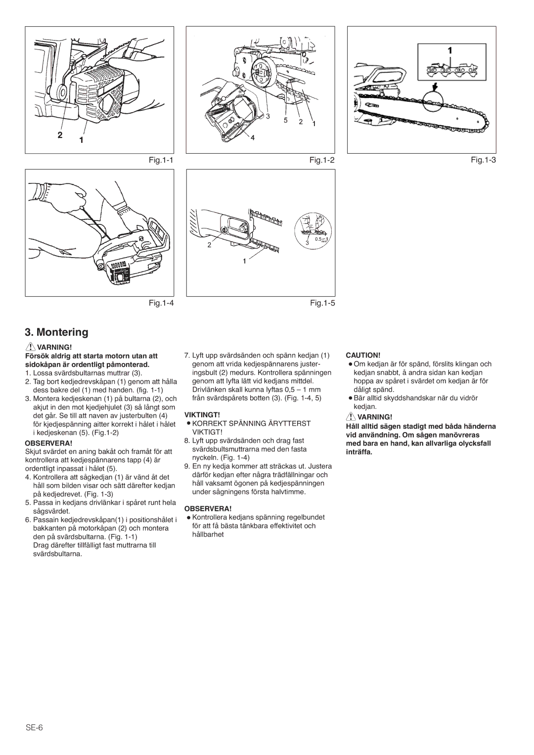 Hitachi CS35EG (S), CS35EJ, CS30EG (S), CS30EJ manual Montering, SE-6, Varning, Observera, Viktingt 