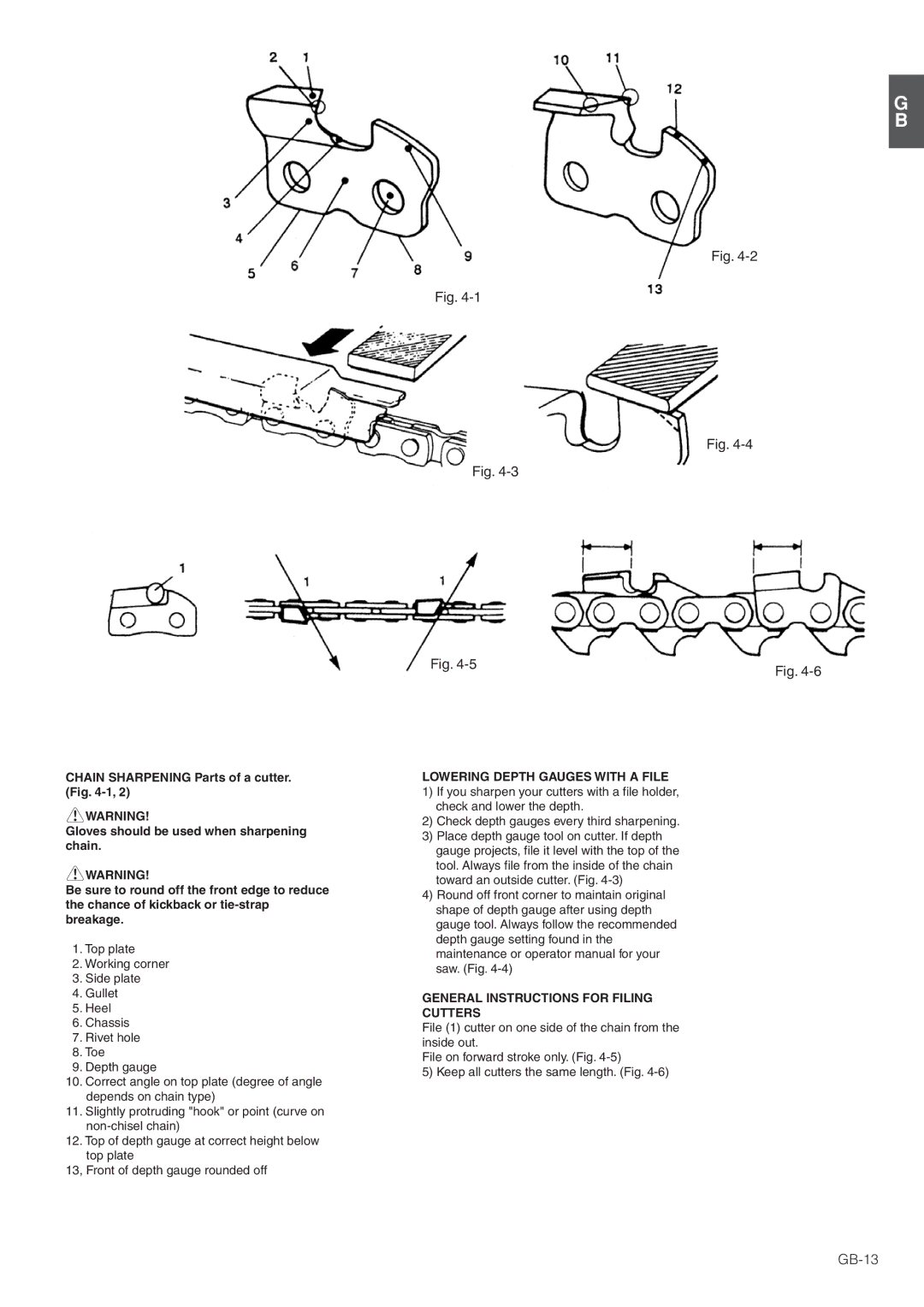 Hitachi CS35EJ, CS35EG (S), CS30EG (S) GB-13, Lowering Depth Gauges with a File, General Instructions for Filing Cutters 