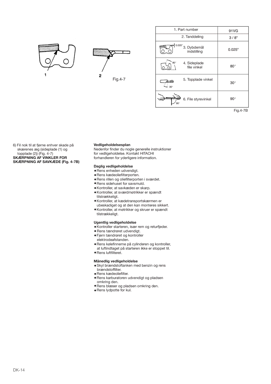 Hitachi CS35EG (S), CS35EJ, CS30EG (S), CS30EJ manual DK-14, Skærpning AF Vinkler for Skærpning AF Savkæde -7B 