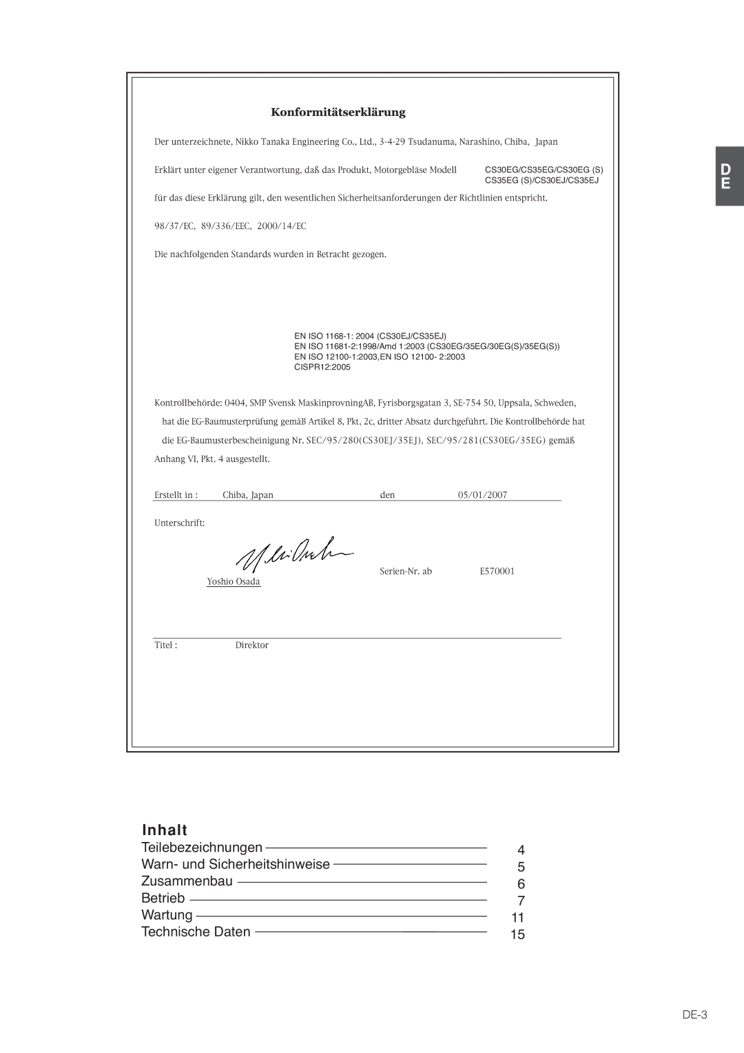 Hitachi CS35EJ, CS35EG (S), CS30EG (S), CS30EJ manual Inhalt, DE-3 