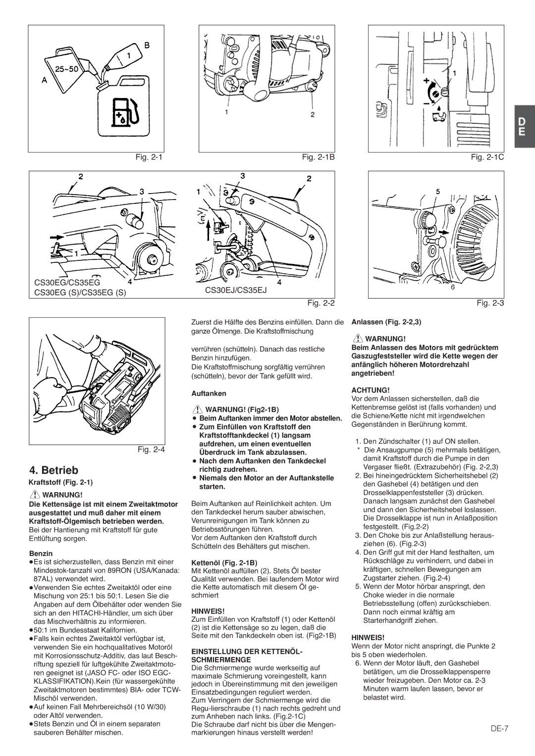 Hitachi CS35EG (S), CS35EJ, CS30EG (S), CS30EJ manual Betrieb, DE-7, Einstellung DER Kettenöl Schmiermenge 