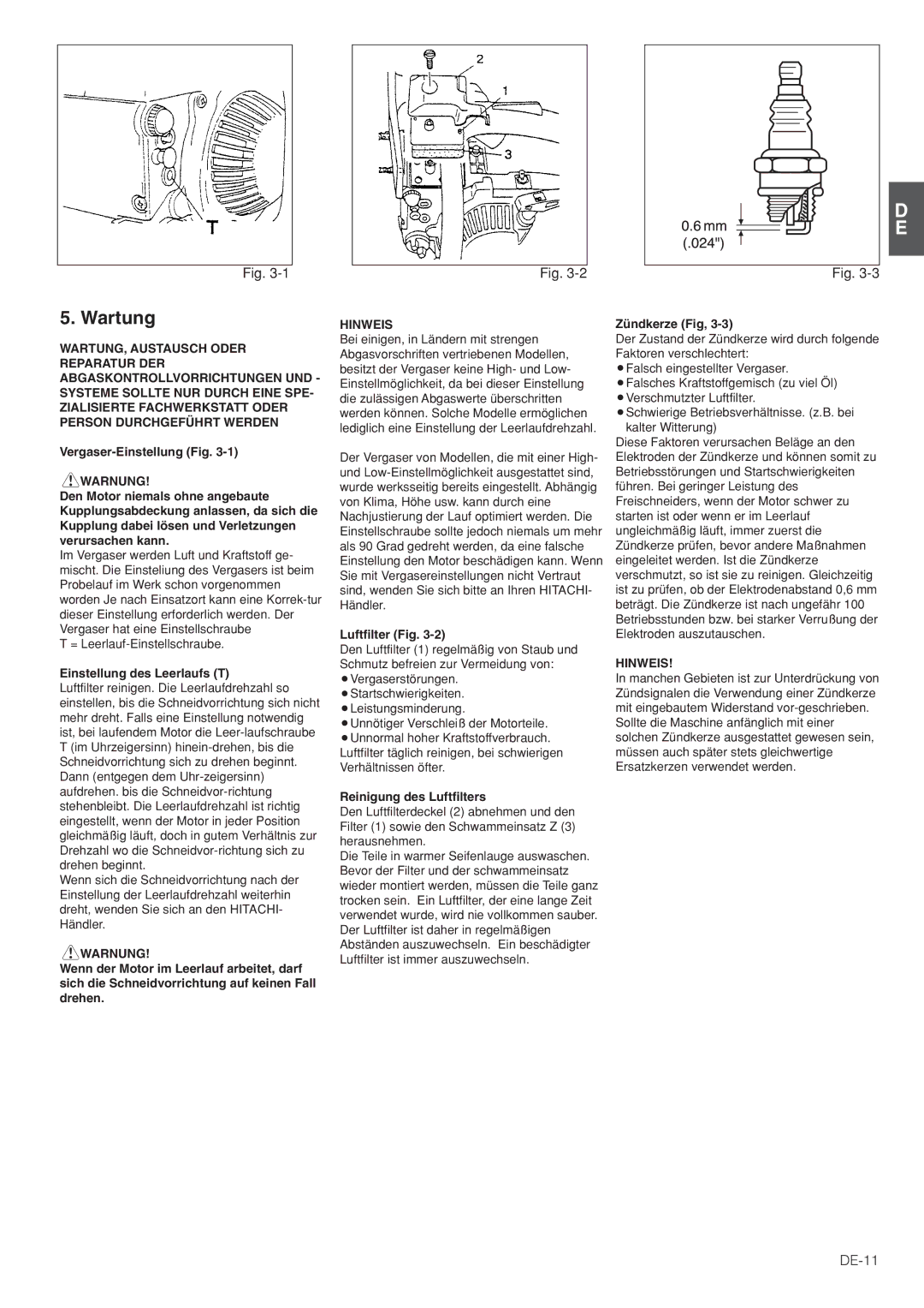 Hitachi CS30EJ, CS35EG (S), CS35EJ, CS30EG (S) manual Wartung, DE-11 