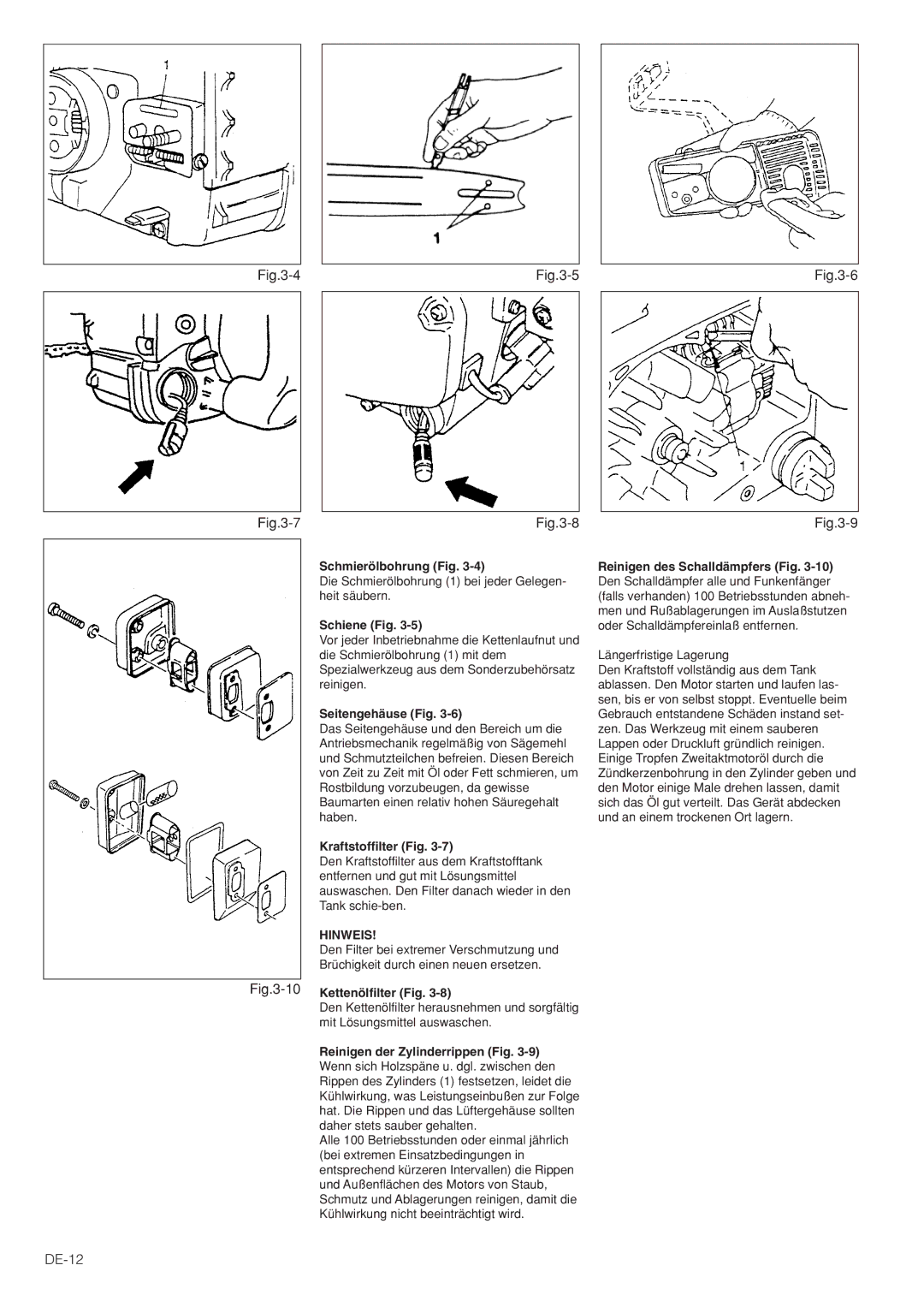 Hitachi CS30EG, CS35EG (S), CS35EJ manual DE-12, Schmierölbohrung Fig, Schiene Fig, Seitengehäuse Fig, Kraftstoffilter Fig 