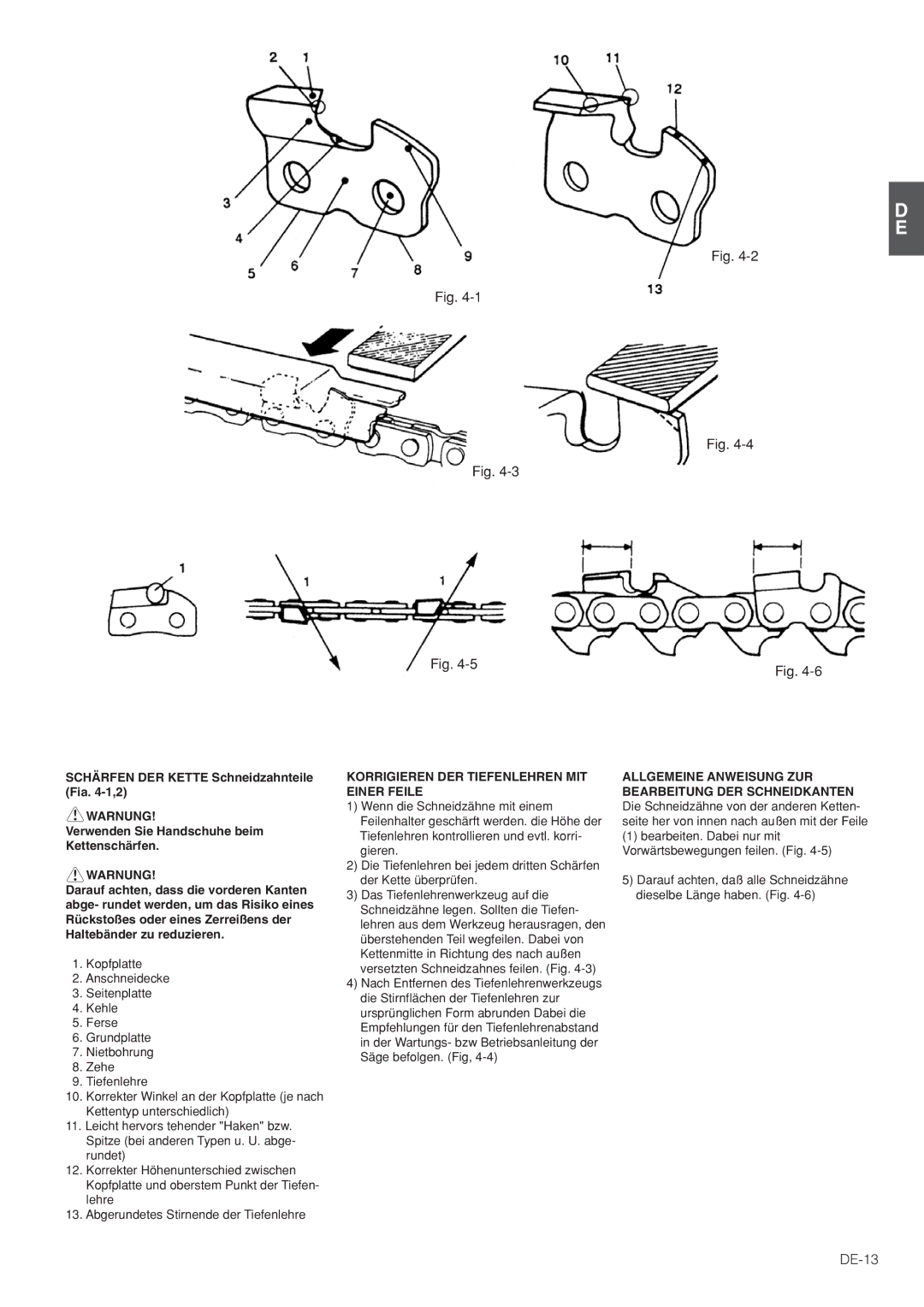 Hitachi CS35EG, CS35EJ DE-13, Schärfen DER Kette Schneidzahnteile Fia -1,2, Verwenden Sie Handschuhe beim Kettenschärfen 