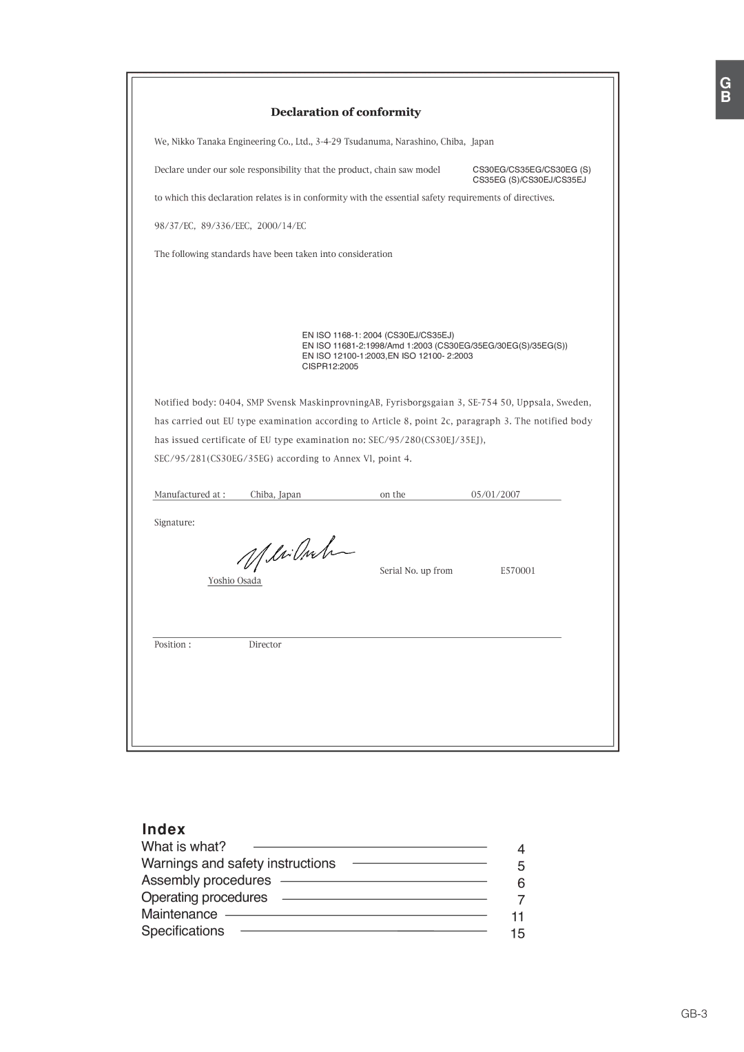 Hitachi CS30EJ, CS35EG (S), CS35EJ, CS30EG (S) manual Index, GB-3 