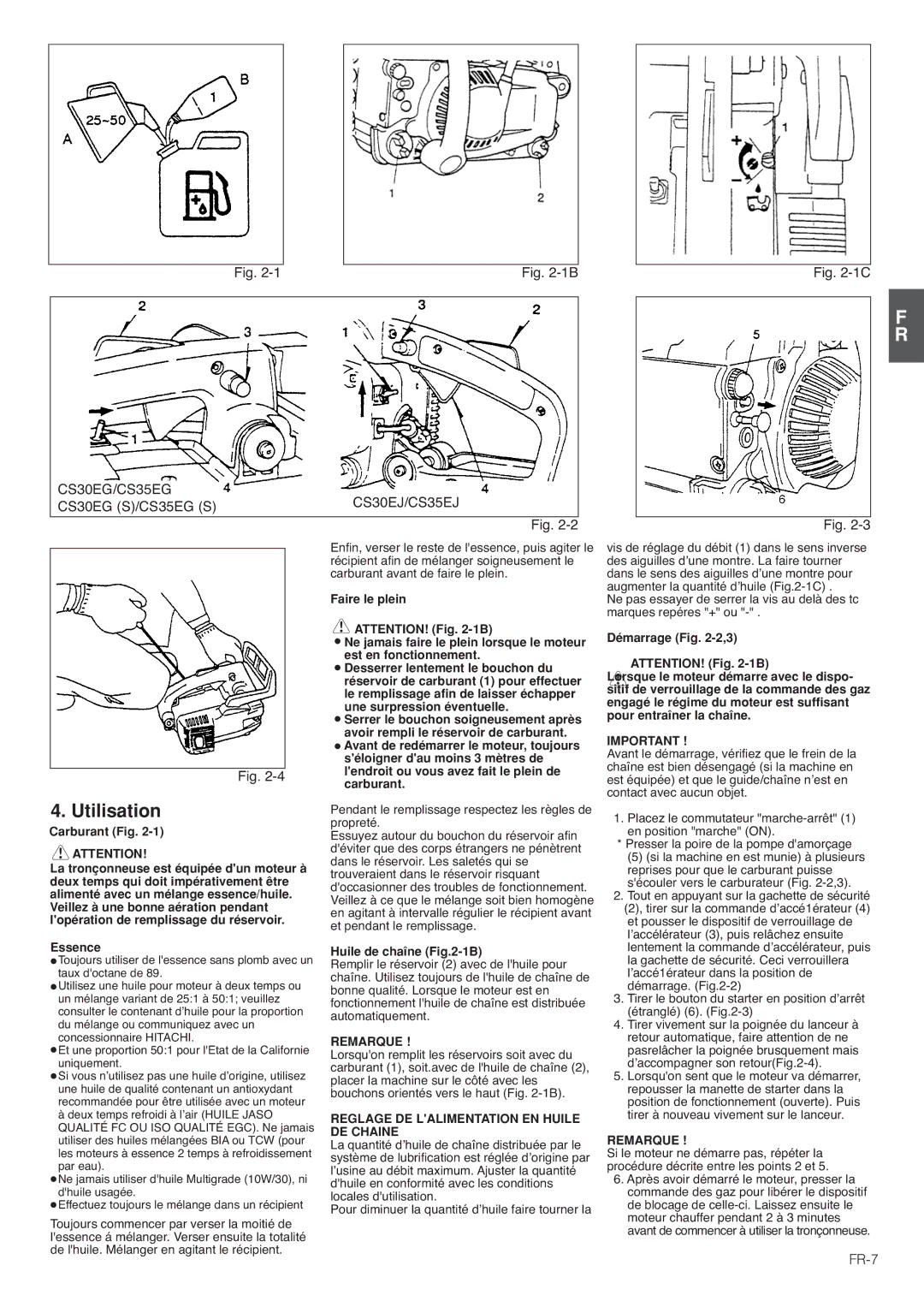 Hitachi CS30EJ, CS35EG (S), CS35EJ, CS30EG (S) manual Utilisation, FR-7, Reglage DE Lalimentation EN Huile DE Chaine 