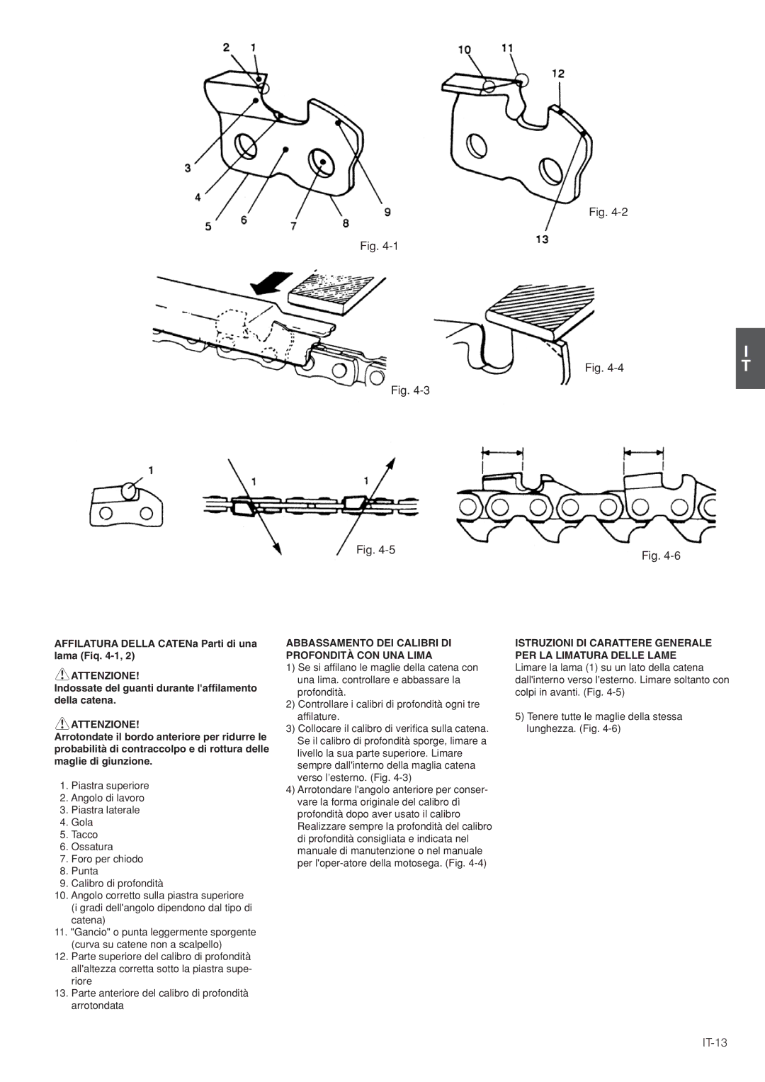 Hitachi CS35EJ, CS35EG (S), CS30EG (S), CS30EJ manual IT-13, Affilatura Della CATENa Parti di una lama Fiq -1 