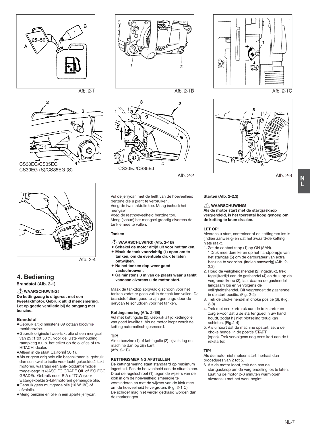 Hitachi CS35EG (S), CS35EJ, CS30EG (S), CS30EJ manual Bediening, Afb Afb -1B Afb -1C, NL-7 