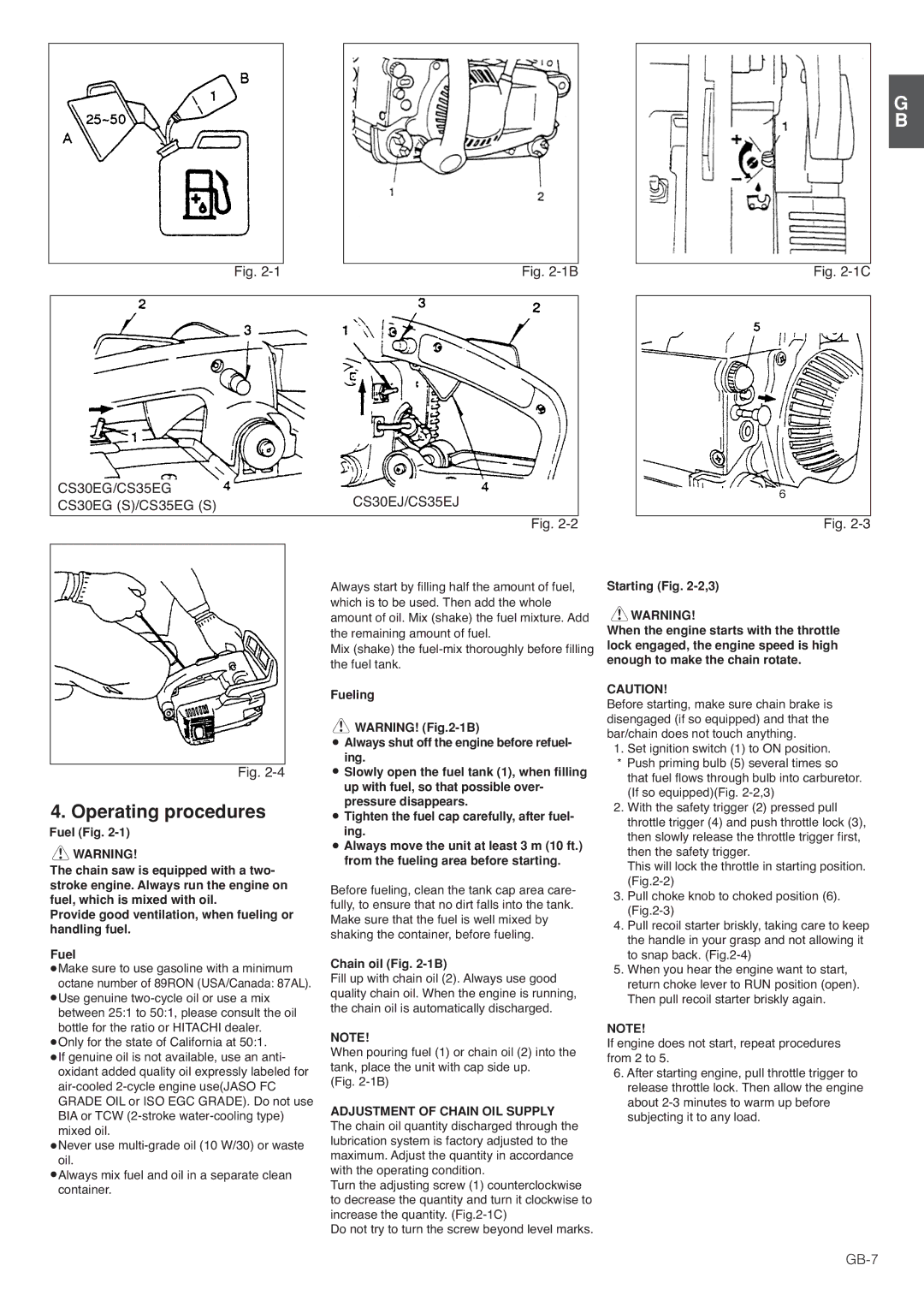 Hitachi CS35EJ, CS35EG (S), CS30EG (S), CS30EJ manual Operating procedures, CS30EG S/CS35EG S, GB-7 