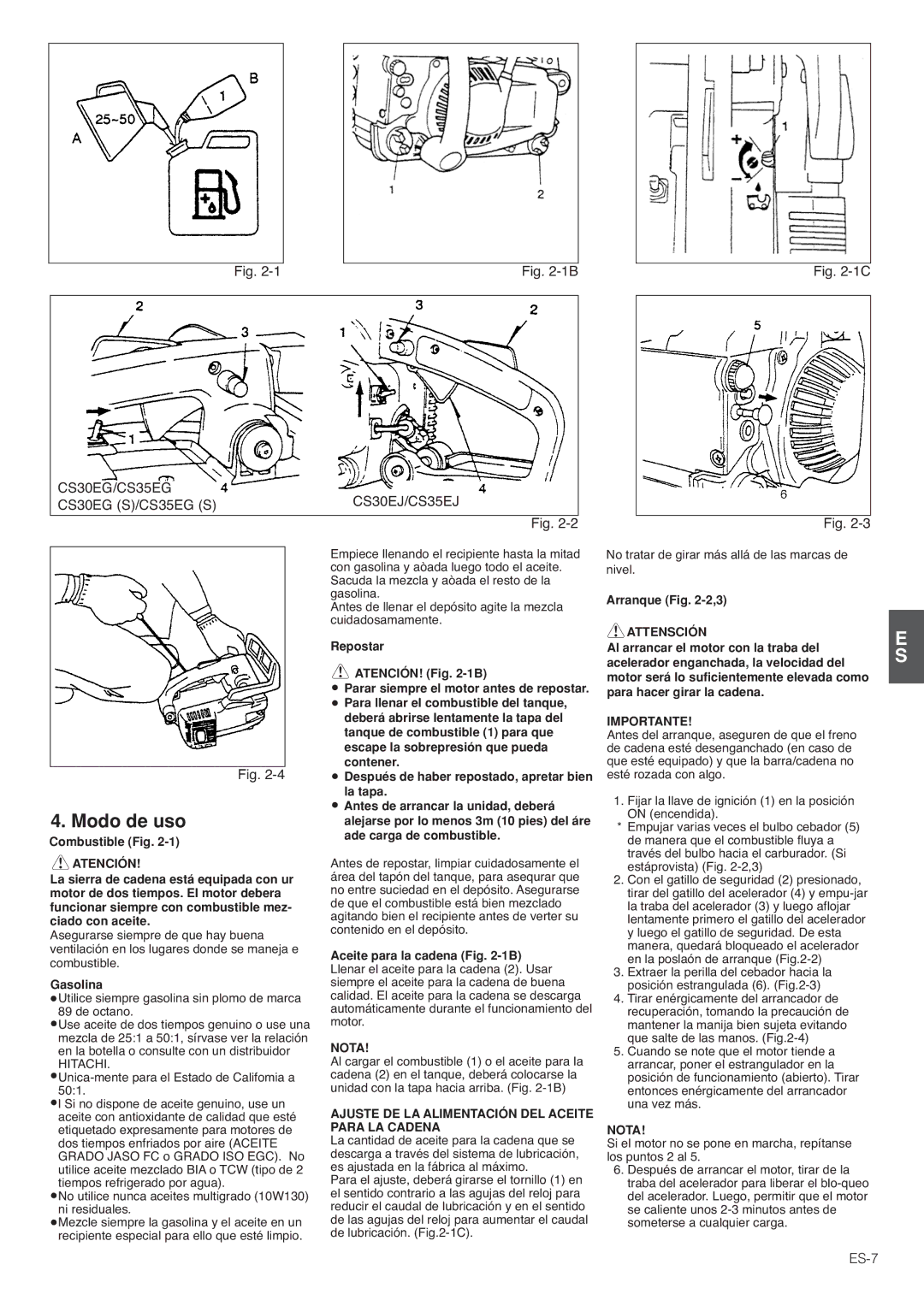 Hitachi CS30EJ, CS35EG (S), CS35EJ Modo de uso, ES-7, Ajuste DE LA Alimentación DEL Aceite Para LA Cadena, Attensción 