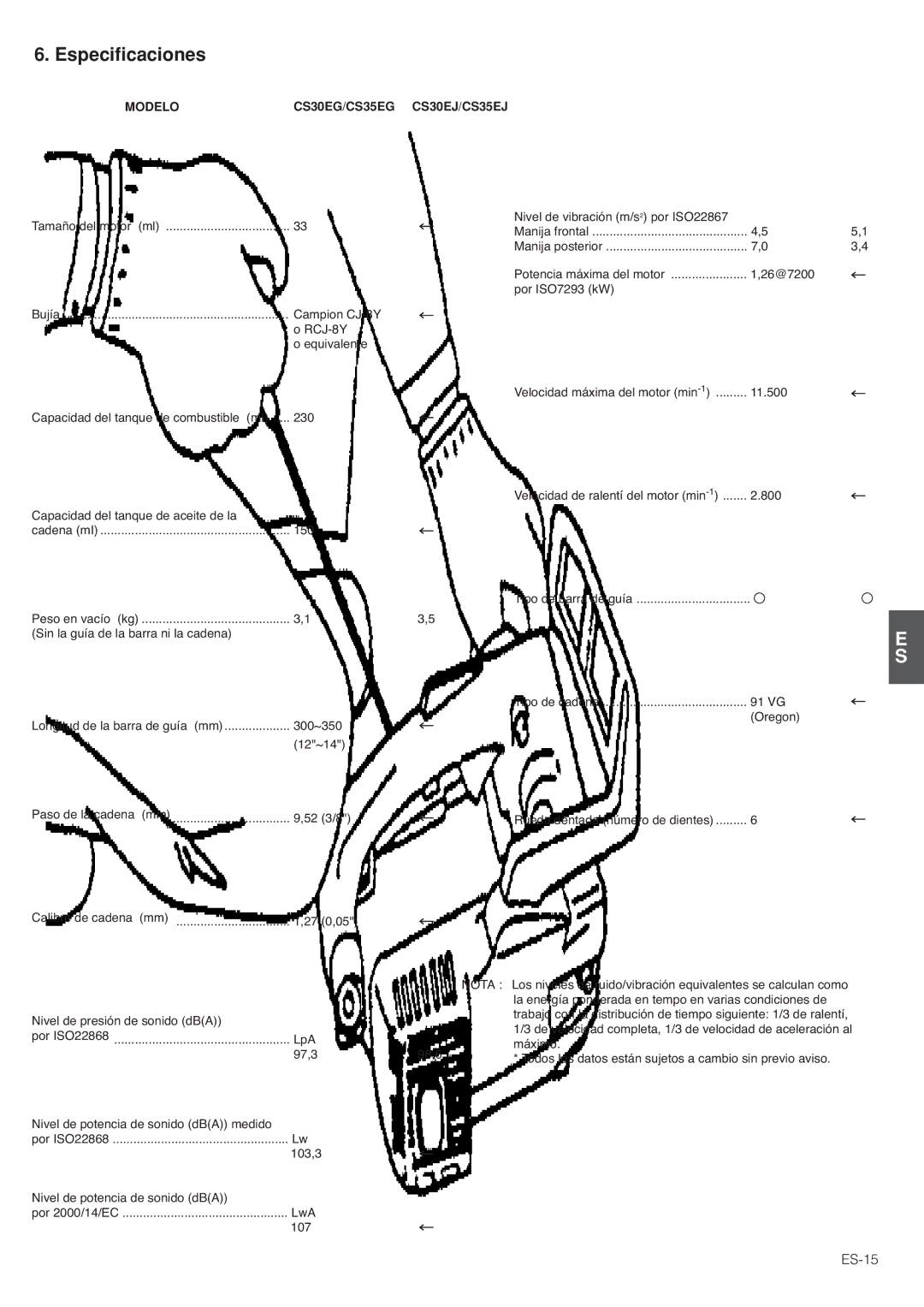 Hitachi CS35EG (S), CS30EG (S) manual Especificaciones, ES-15, Modelo CS30EG/CS35EG CS30EJ/CS35EJ 