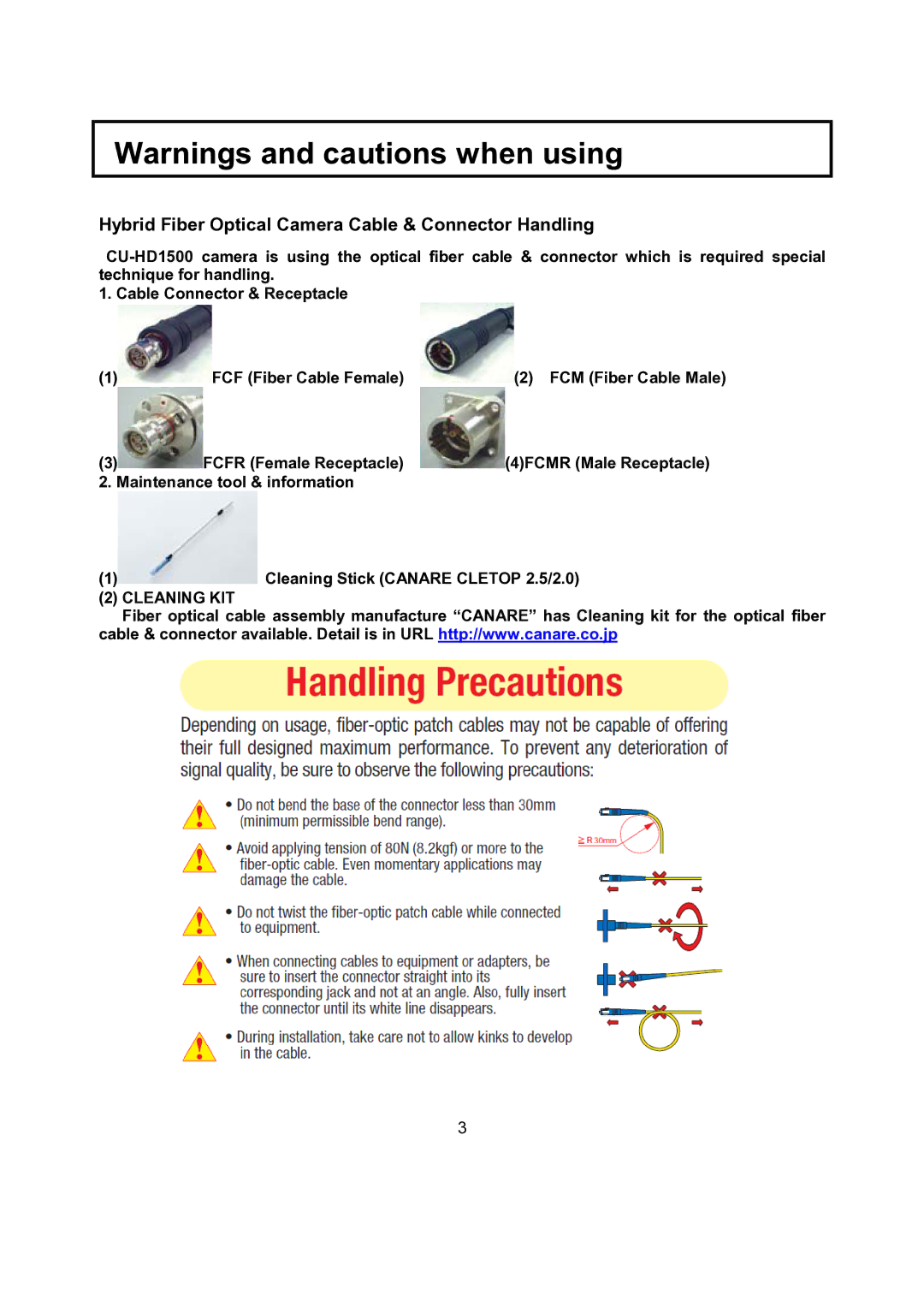 Hitachi CU-HD1500 Hybrid Fiber Optical Camera Cable & Connector Handling, Maintenance tool & information 