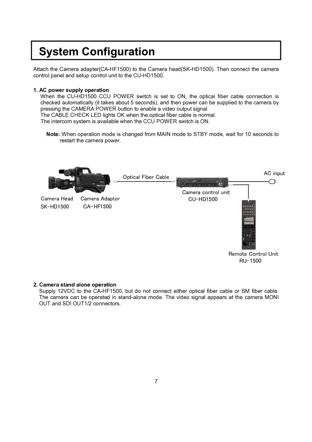 Hitachi CU-HD1500 operating instructions AC power supply operation, Camera stand alone operation 