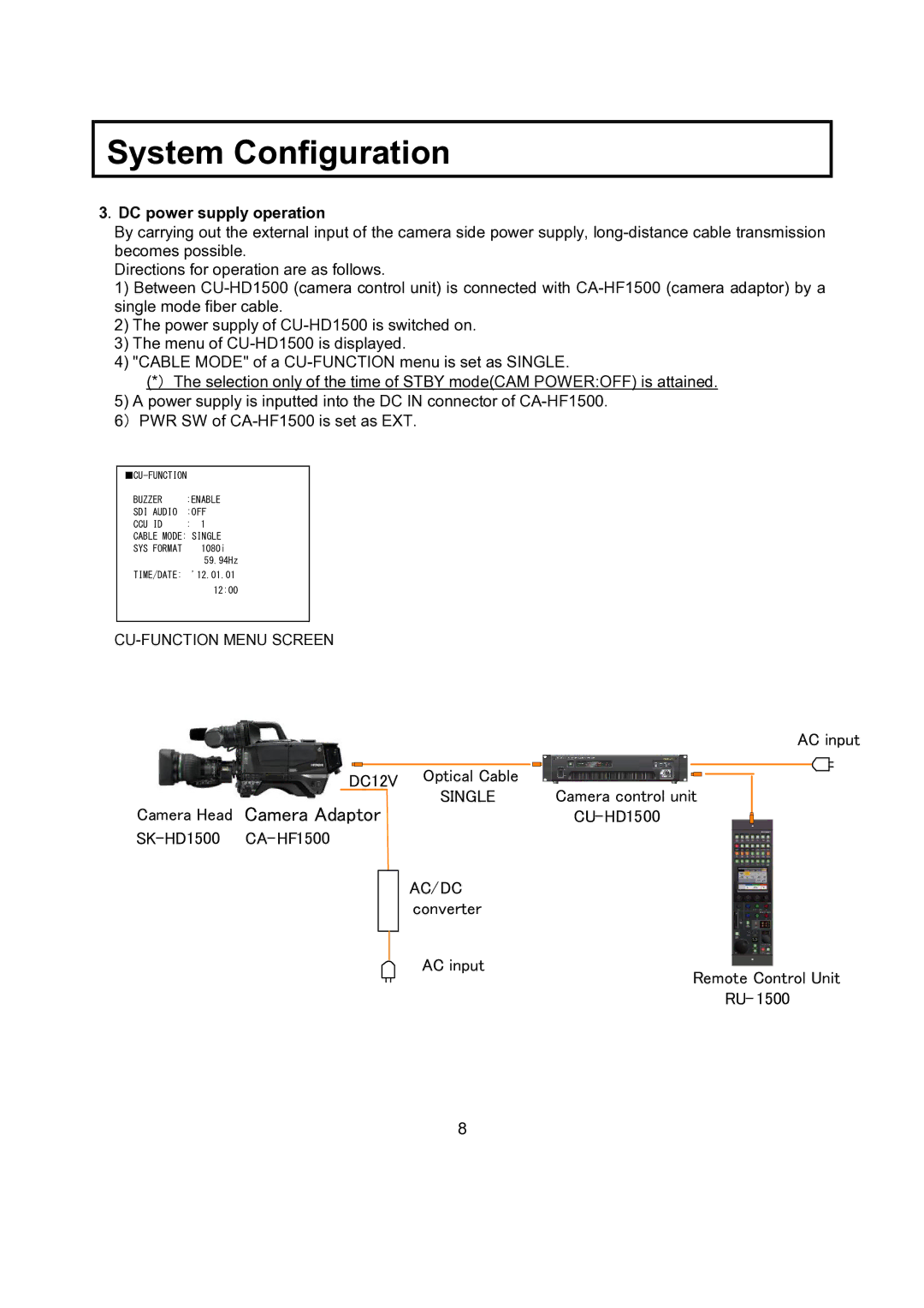 Hitachi CU-HD1500 operating instructions ．DC power supply operation 