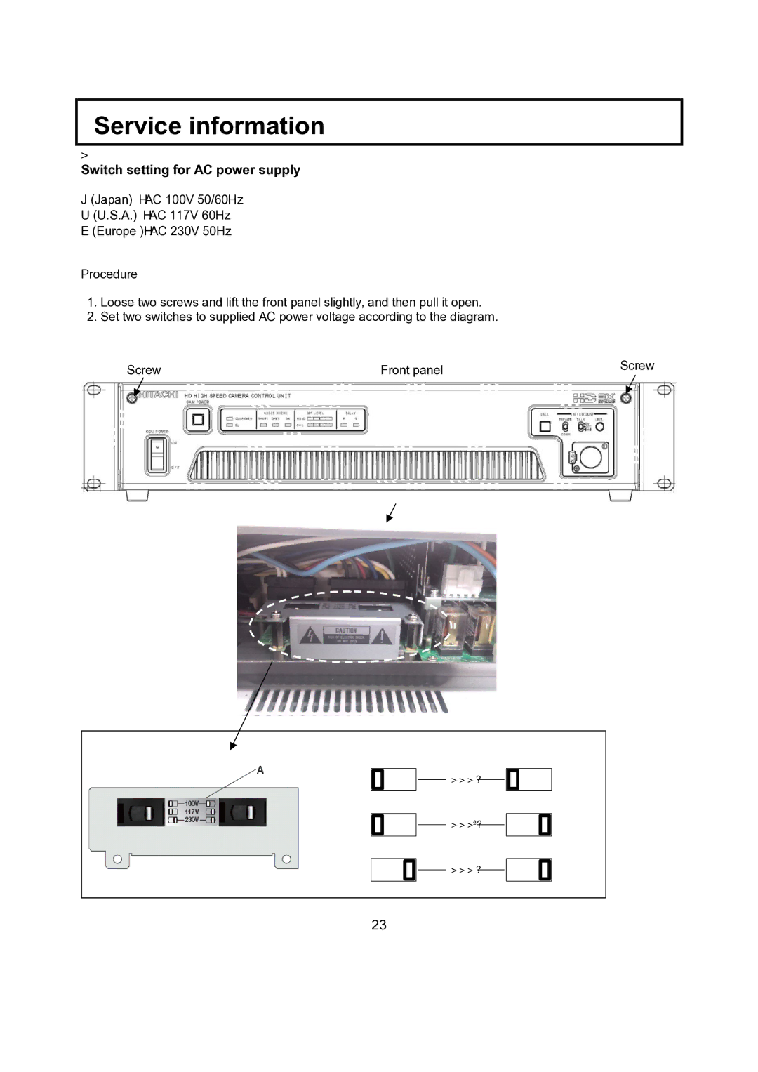 Hitachi CU-HD1500 operating instructions Switch setting for AC power supply 