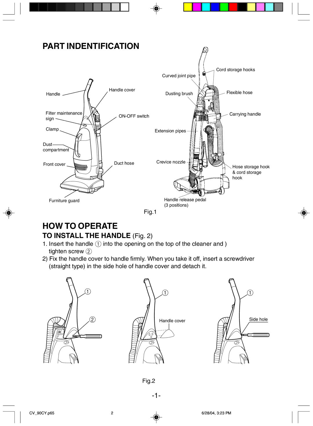 Hitachi CV-90CY manual Part Indentification, To Install the Handle Fig 