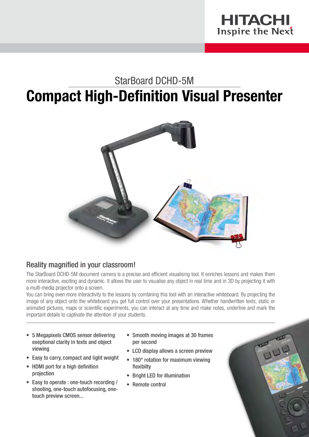 Hitachi DCHD-5M manual Compact High-Definition Visual Presenter, Reality magnified in your classroom 