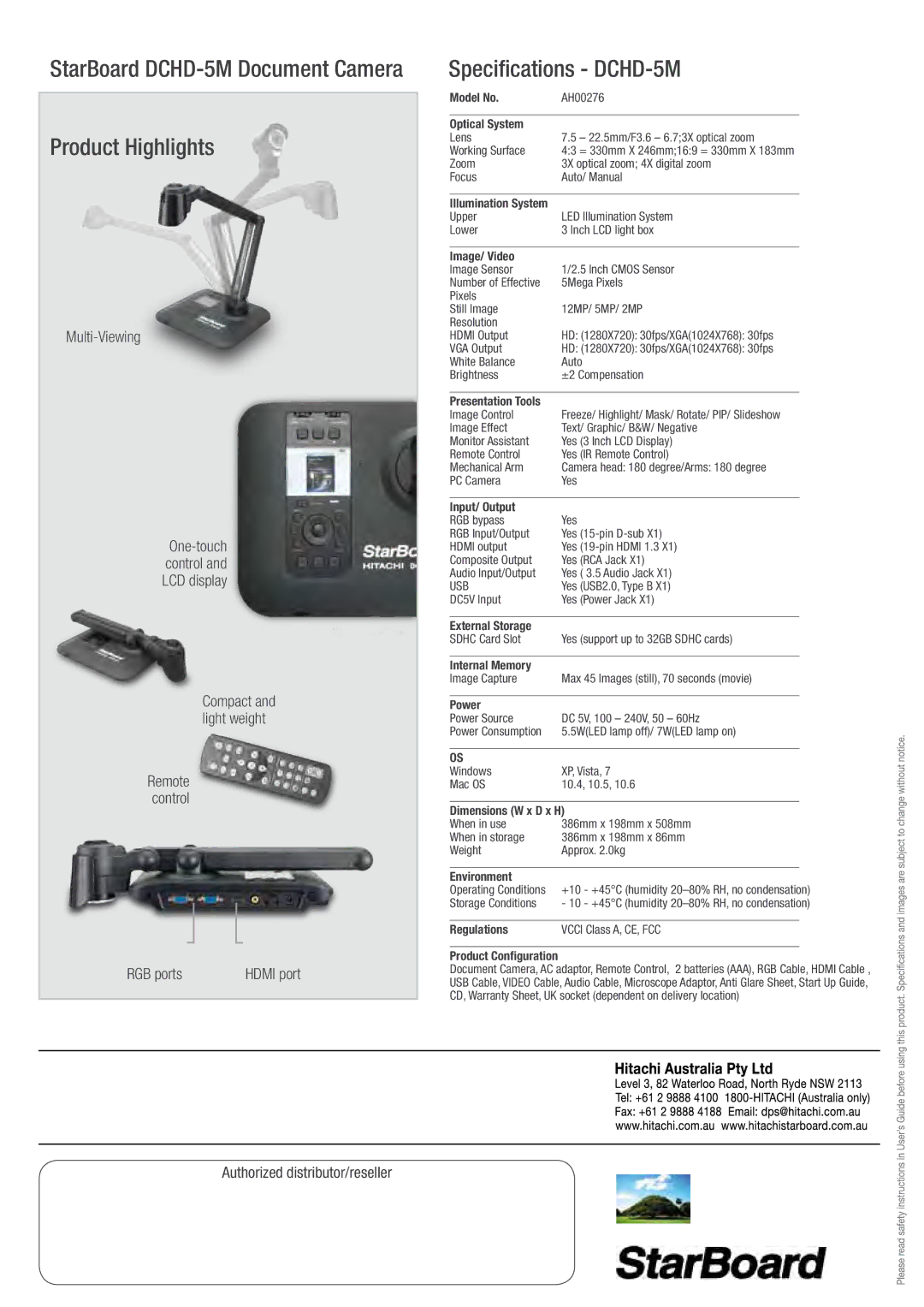 Hitachi manual Product Highlights, Specifications DCHD-5M 