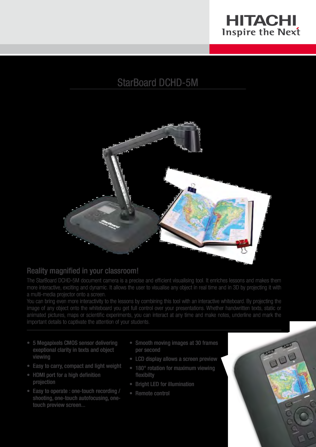 Hitachi manual Reality magnified in your classroom, Compact High-Definition Visual Presenter, StarBoard DCHD-5M 