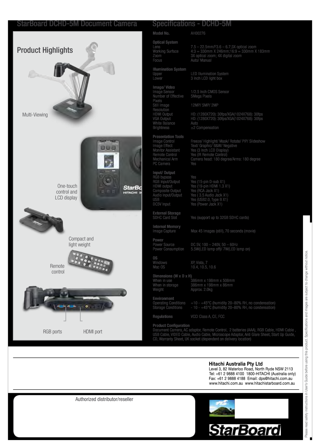 Hitachi manual Product Highlights, Specifications - DCHD-5M, StarBoard DCHD-5M Document Camera 