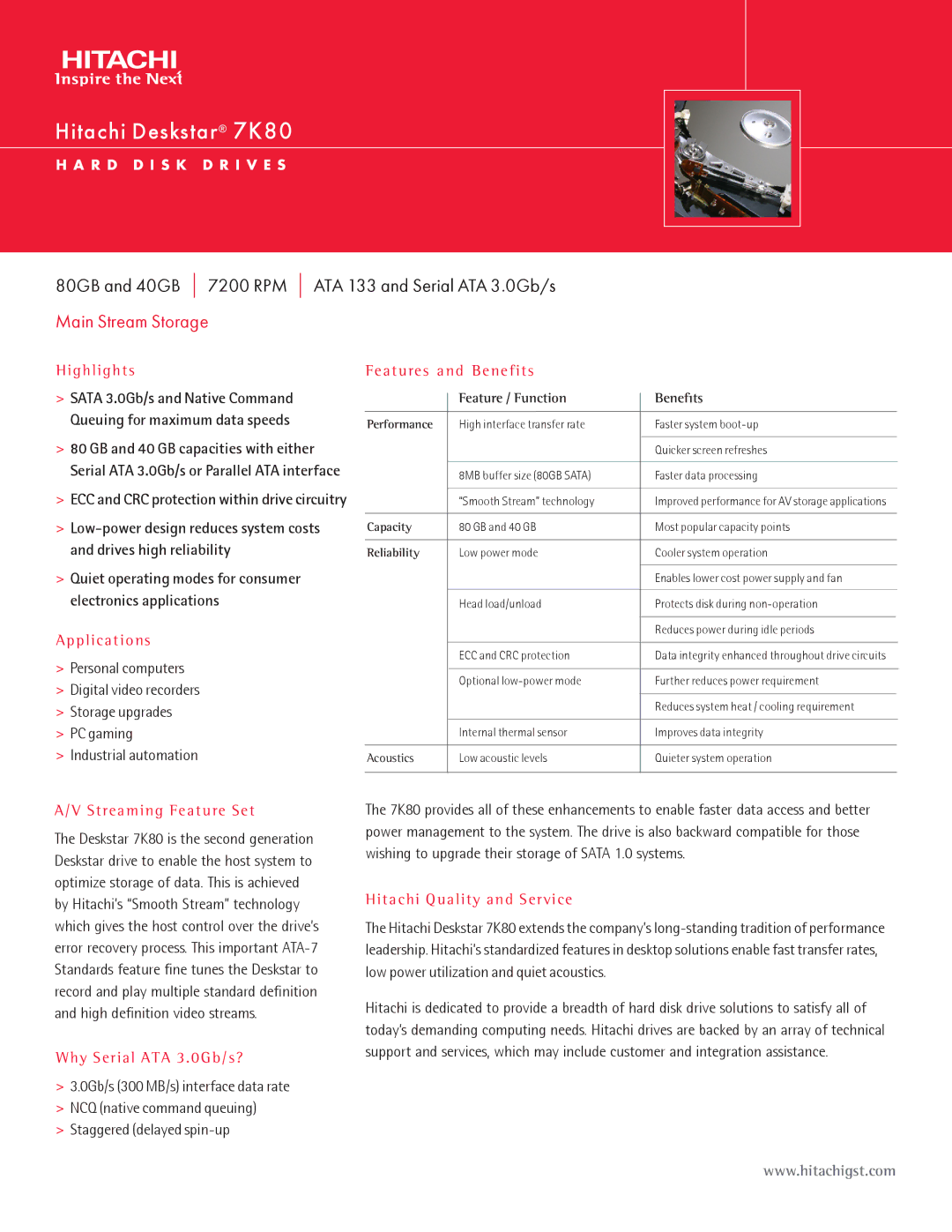 Hitachi Deskstar 7K80 manual Highlights, Applications, Streaming Feature Set, Why Serial ATA 3.0Gb/s? 