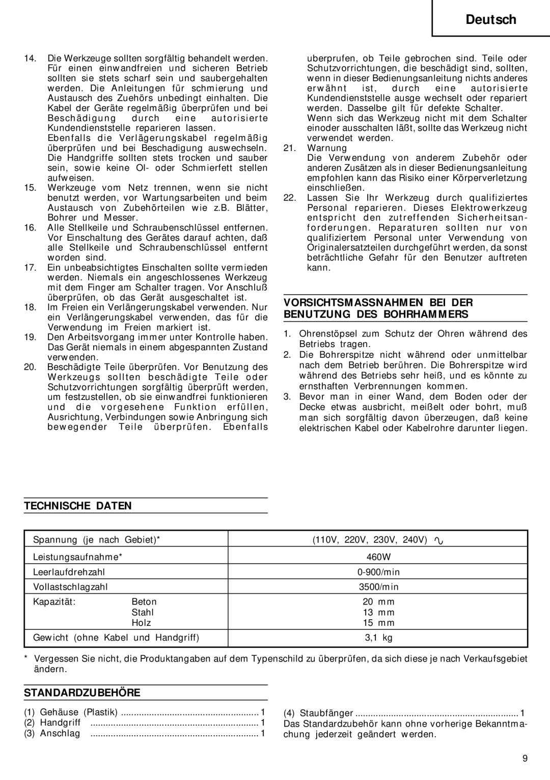 Hitachi DH 20V manual Vorsichtsmassnahmen BEI DER Benutzung DES Bohrhammers, Technische Daten, Standardzubehöre 